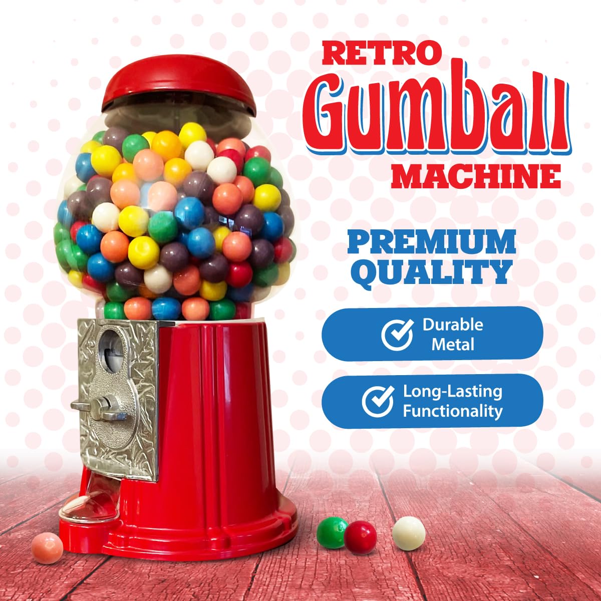 American Gumball Company - Metal 11-Inch Retro Style Red Gumball Machine, Made For 0.62 Inch Gumballs, Candy Or Nuts, Accepts An