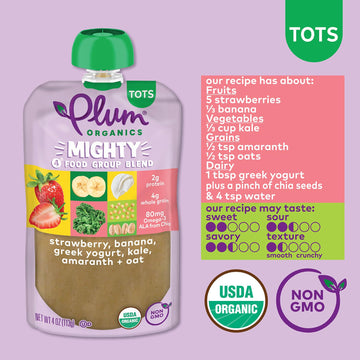Plum Organics Mighty 4 Organic Toddler Food - Strawberry, Banana, Greek Yogurt, Kale, Amaranth, And Oat - 4 Oz Pouch (Pack Of 4)