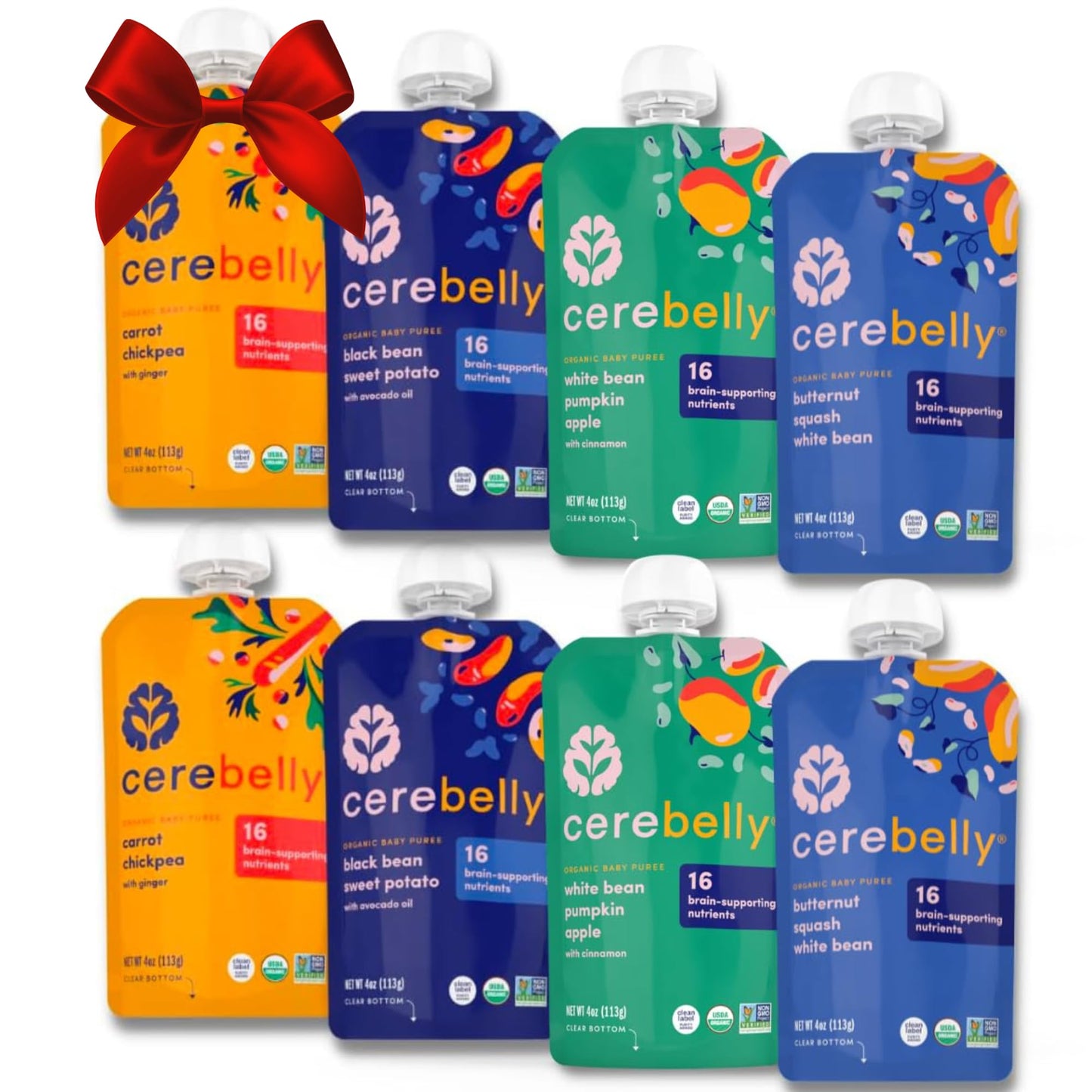 Cerebelly Baby Food Pouches - Organic Beans & Veggies Purees Variety Pack (4 Oz, Pack Of 8) Toddler Snacks - 16 Brain-Supporting