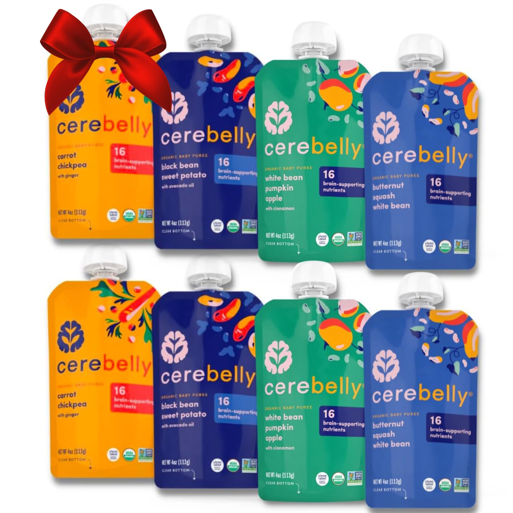 Cerebelly Baby Food Pouches - Organic Beans & Veggies Purees Variety Pack (4 Oz, Pack Of 8) Toddler Snacks - 16 Brain-Supporting