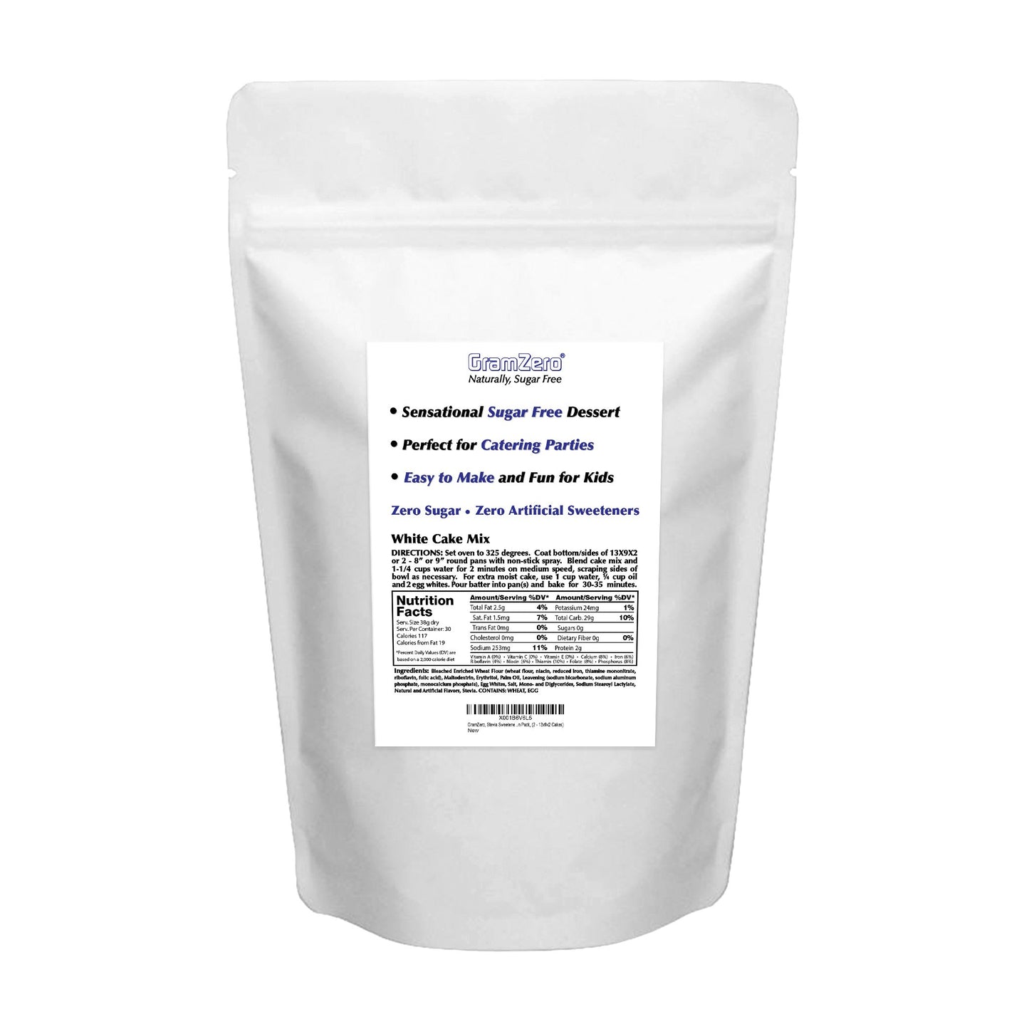 Gramzero White Sugar Free Cake Mix 2-Pack, Makes 2-13X9X2 Cakes, Stevia Sweetened