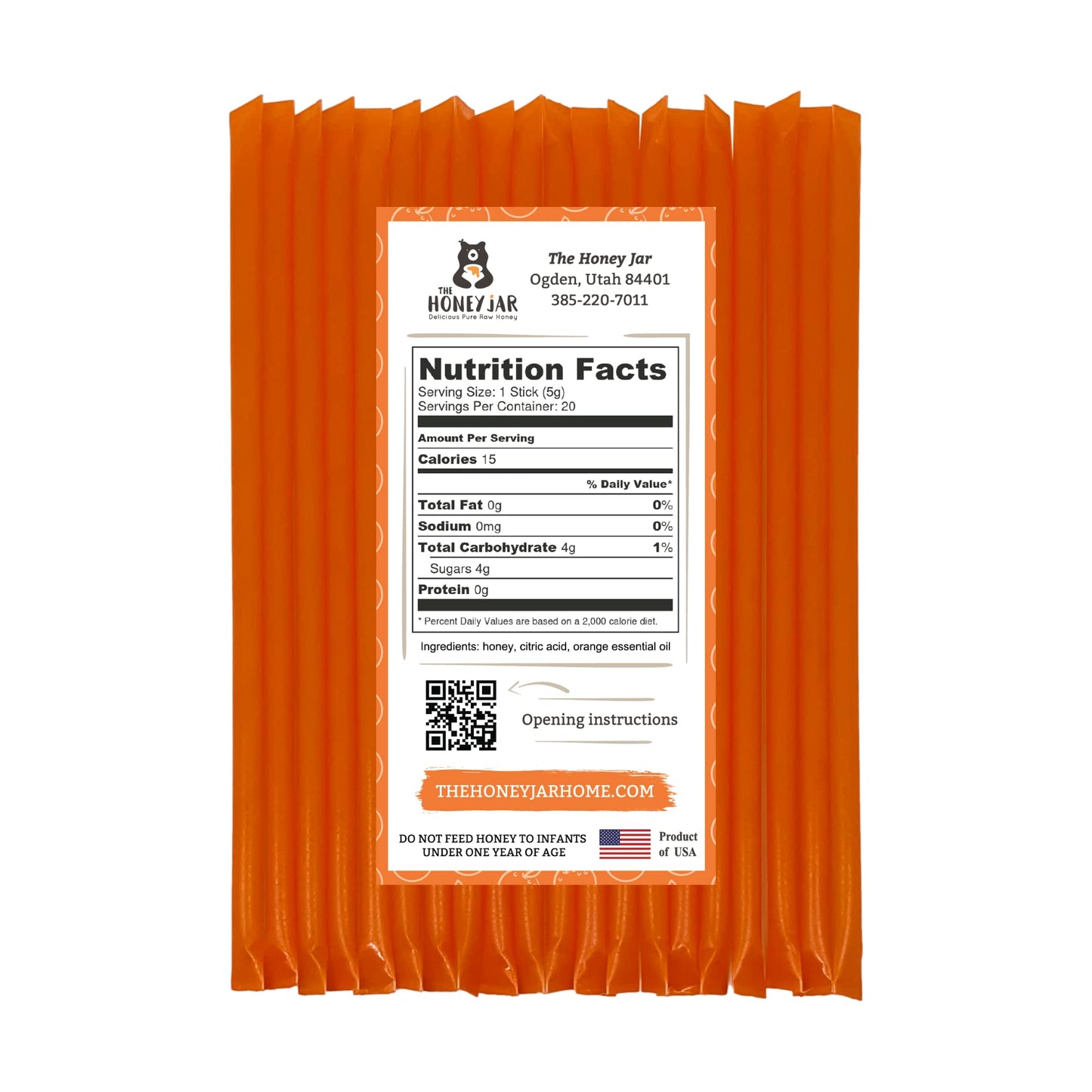 The Honey Jar Orange Flavored Raw Honey Sticks - 20 Count Pure Honey Straws for Tea and Coffee