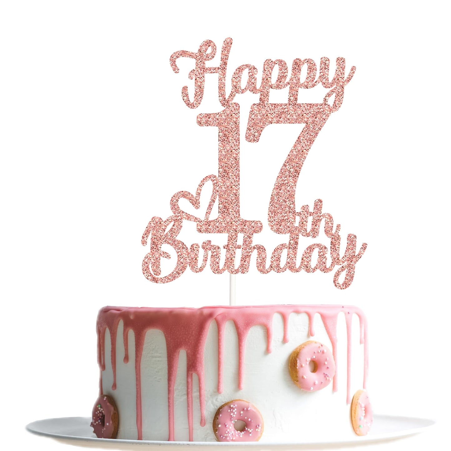 veegood 17th Birthday Cake Topper - Rose Gold Glitter Cardstock, Happy 17th Decorations for Men & Women