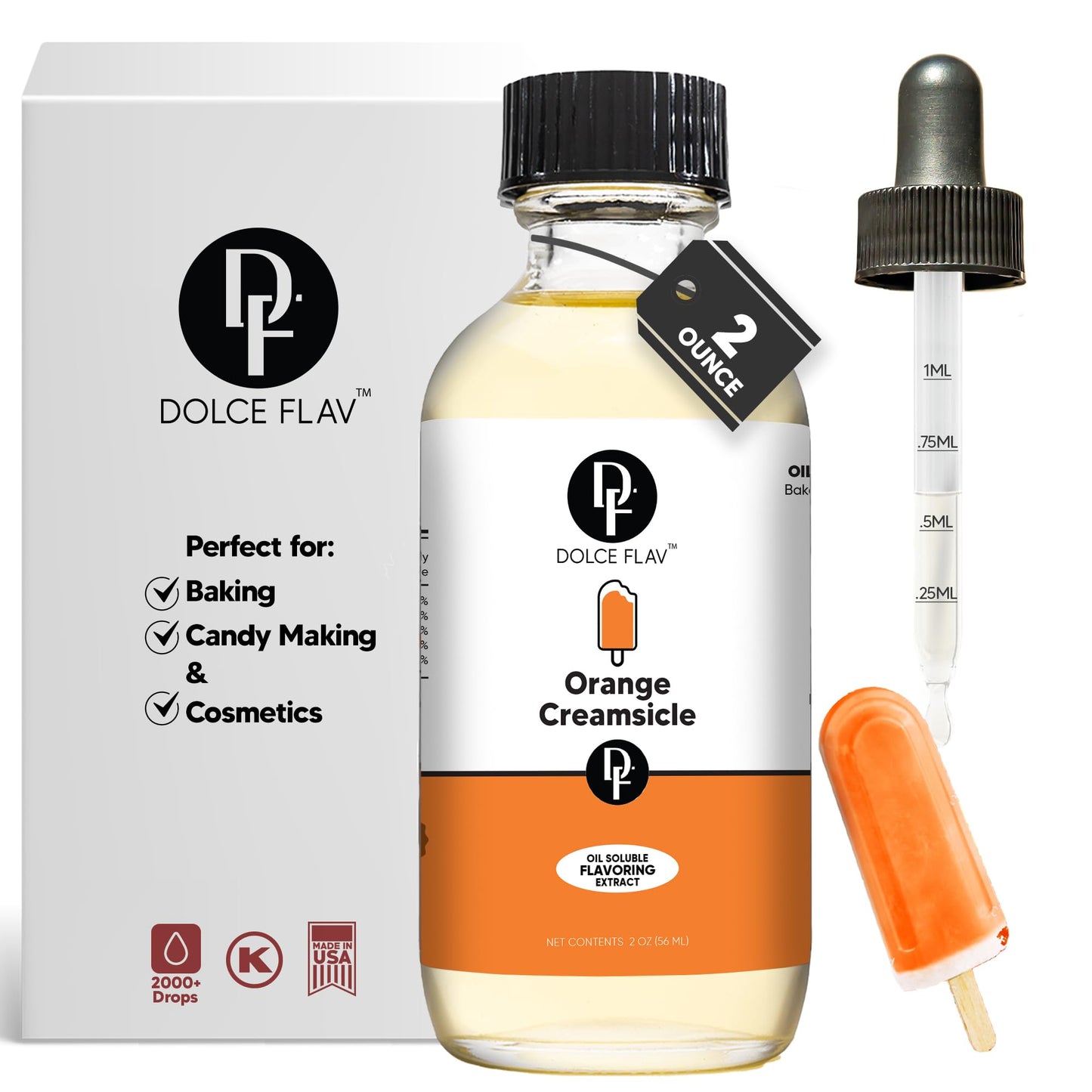 Dolce Flav Orange Creamsicle Extract, 2 Oz Oil-Soluble, Kosher, Sugar-Free Flavor for Candy, Chocolates & Desserts