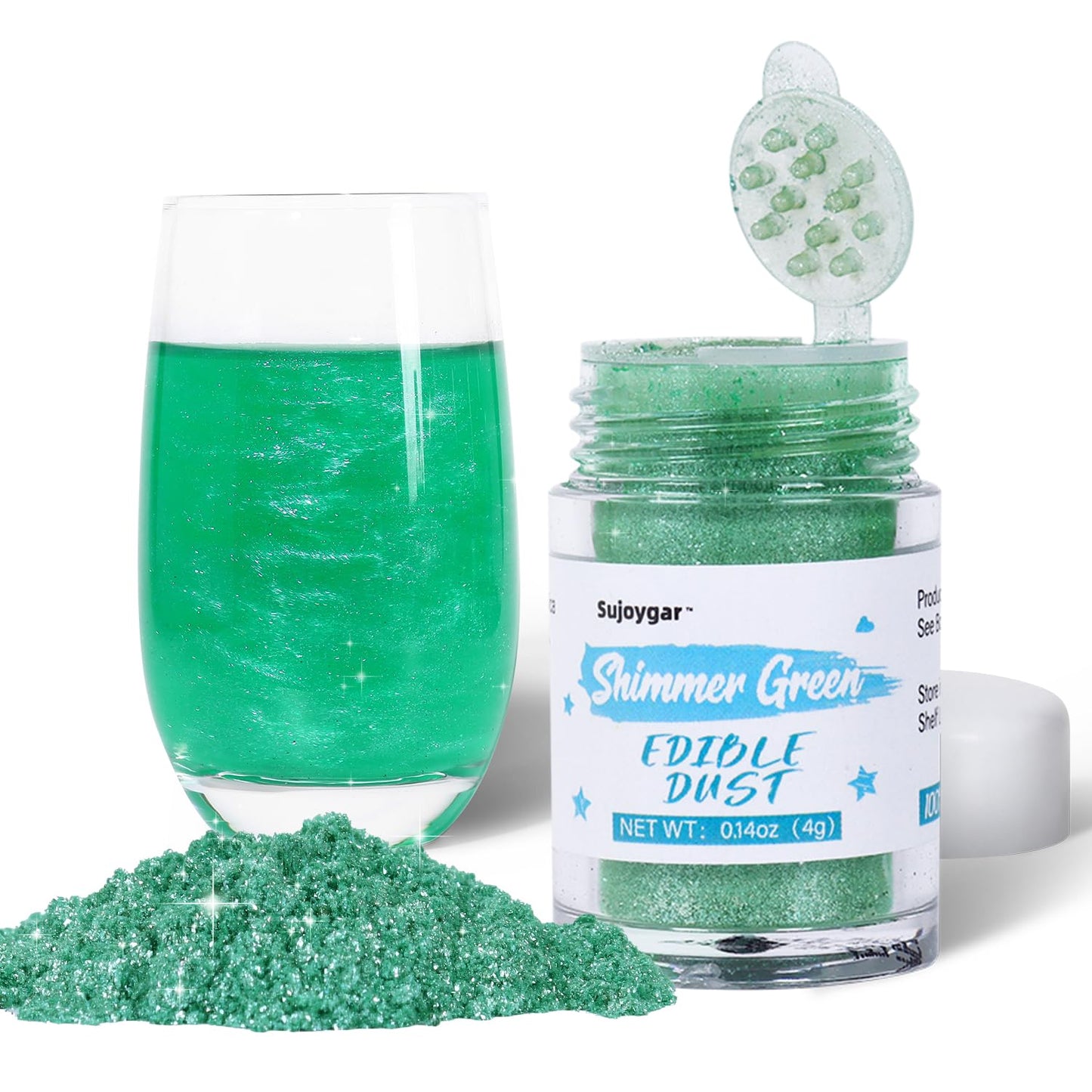 Sujoygar Edible Glitter for Drinks, Shimmer Green, 4g, Food Grade Luster Dust for Cake Decorating and Baking