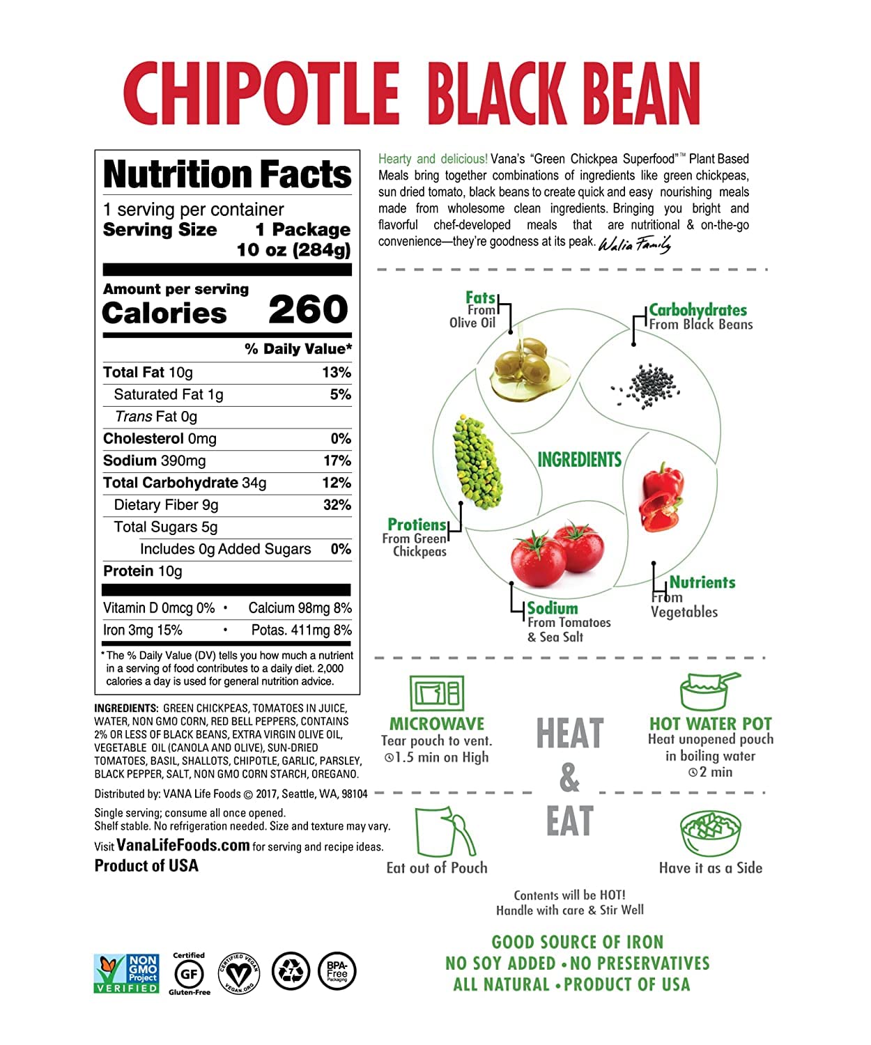 Vana Life'S Foods Plant Based Ready Meal - Smokey Chipotle And Zesty Thai Coconut Lime Green Chickpea Superfood - Indian Cuisine