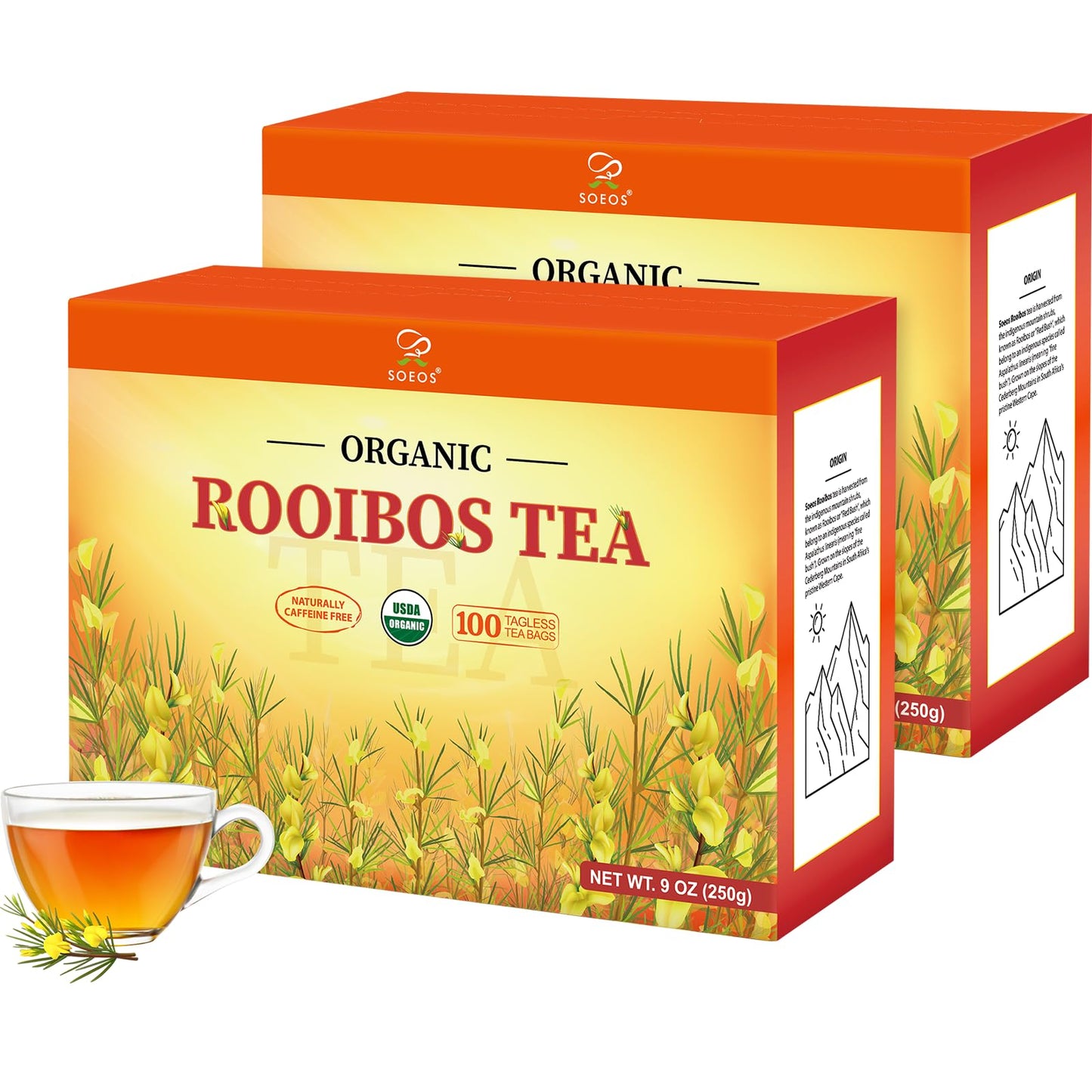 Soeos Organic Rooibos Tea  200 Teabags (2 Packs)  Naturally Caffeine Free  USDA and Non GMO Certify  Smooth and Robust Flavor  Excellent for Hot or Iced Brew  18oz (500g)