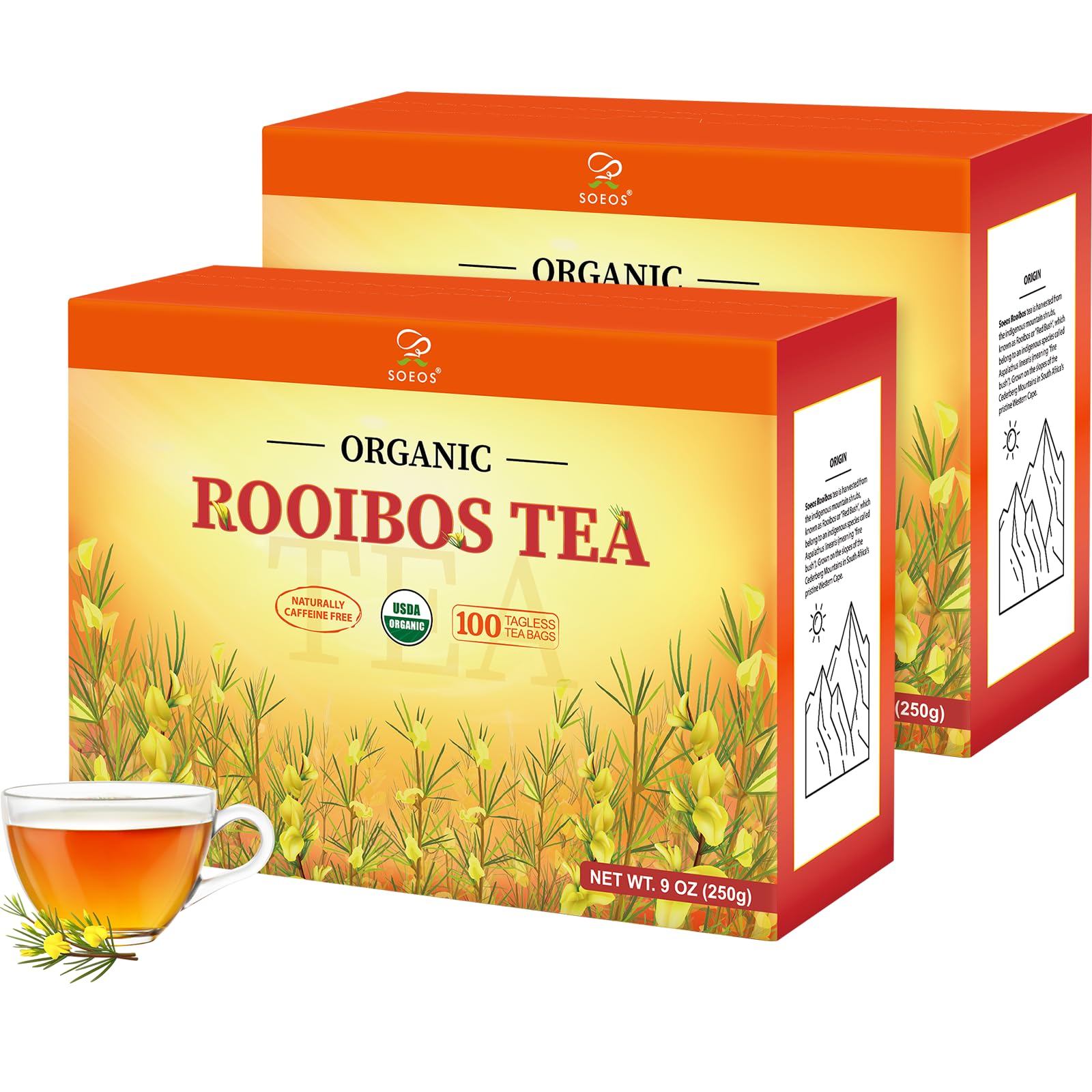 Soeos Organic Rooibos Tea  200 Teabags (2 Packs)  Naturally Caffeine Free  USDA and Non GMO Certify  Smooth and Robust Flavor  Excellent for Hot or Iced Brew  18oz (500g)