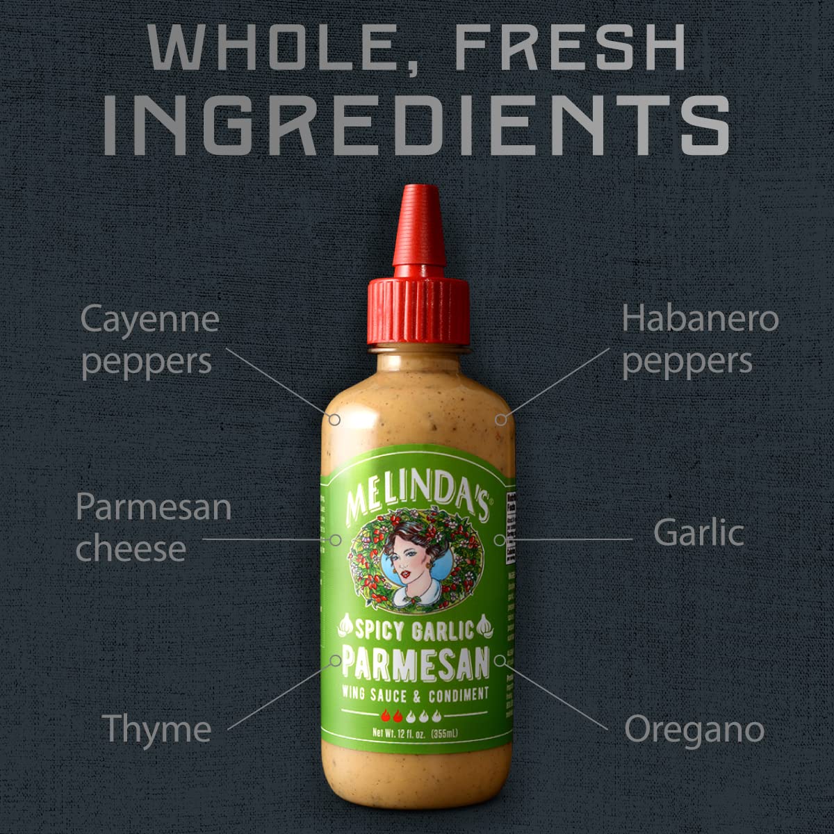 Melindas Spicy Garlic Parmesan Wing Sauce - Craft Garlic Parmesan Wing Sauce With Habanero Peppers, Parmesan Cheese, Fresh Garli