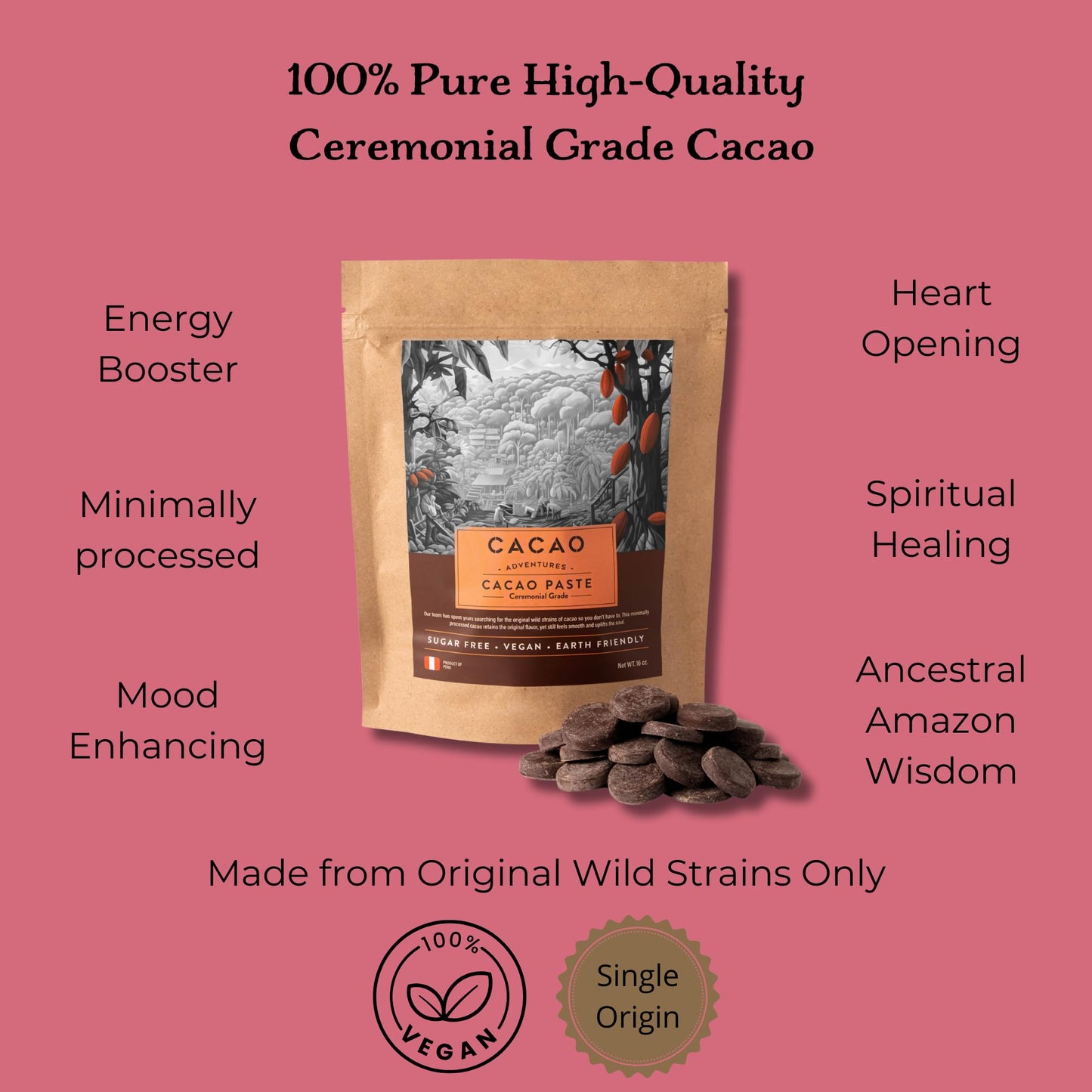 Cacao Adventures Ceremonial Grade Cacao | 100% Pure | Dairy Free & Vegan | Unsweetened | Vegan Peruvian | Tropical Desert | 1 Lb