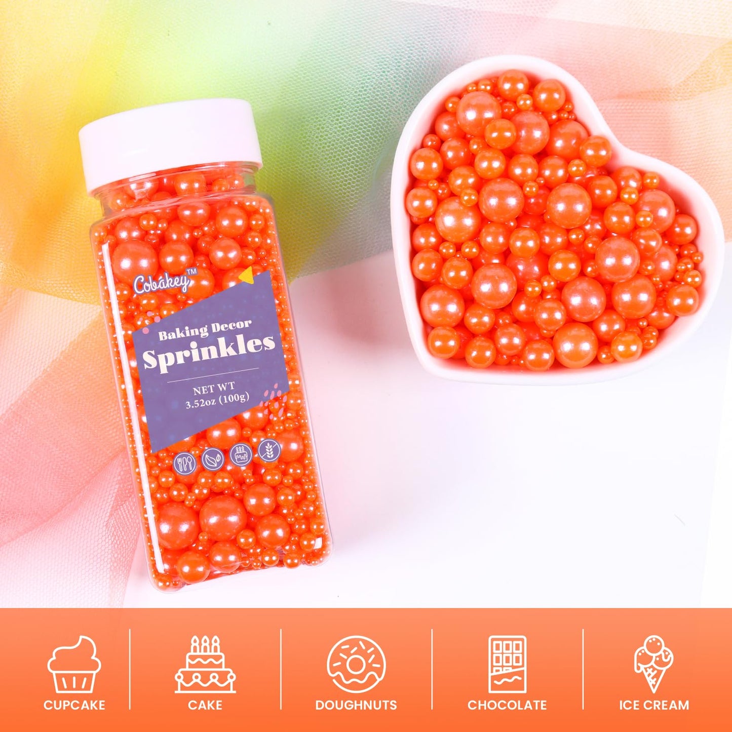 Cobakey Orange Sprinkles For Cake Decorations 3.52 Ounce Edible Pearl Sugar Sprinkles For Cupcake Toppers Wedding Party Valentin