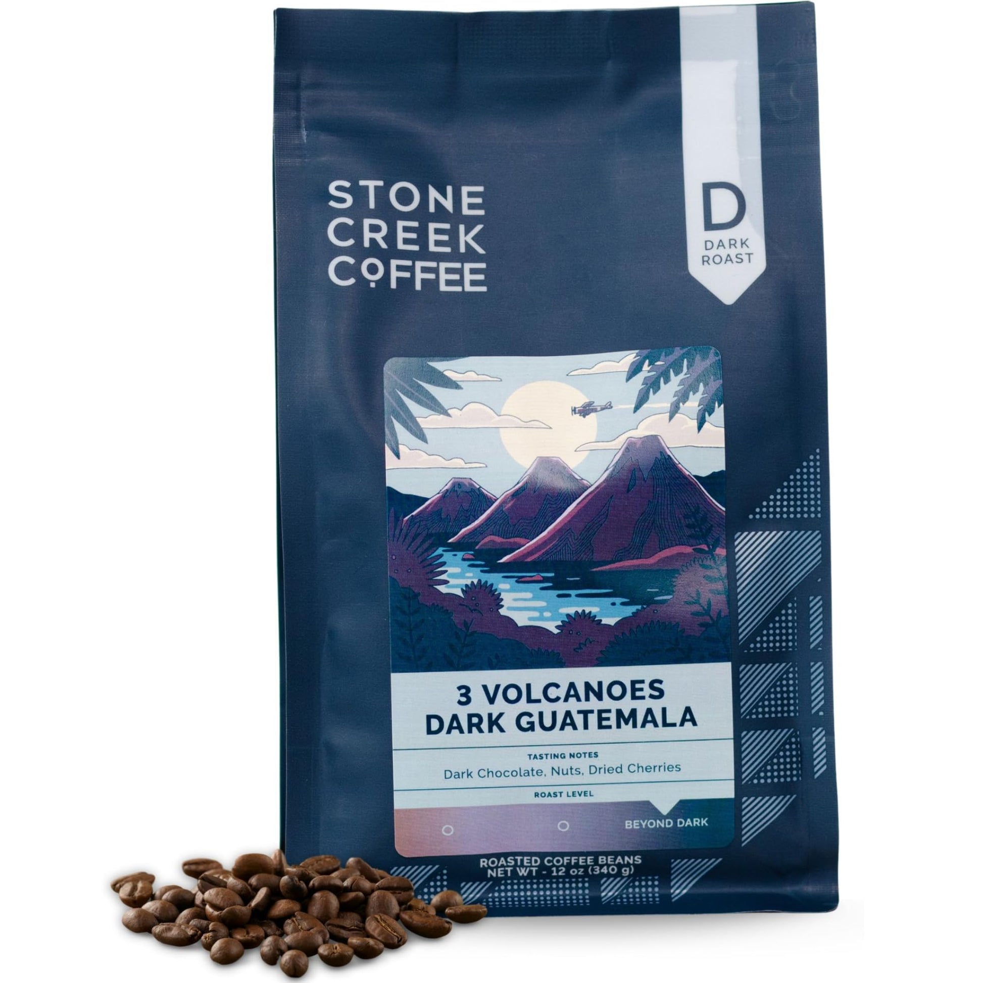 Stone Creek Coffee Dark Roast Whole Bean Coffee - 12 Ounce (Pack Of 1) - Smooth Fresh Roasted Coffee Beans With Dark Chocolate Tasting Notes  3 Volcanoes Dark Guatemala