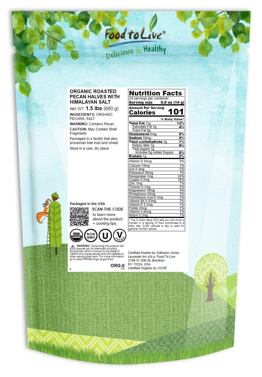 Food To Live Organic Dry Roasted Pecan Halves With Himalayan Salt, 1.5 Pounds Non-Gmo, Oven Roasted Lightly Salted, No Oil Added