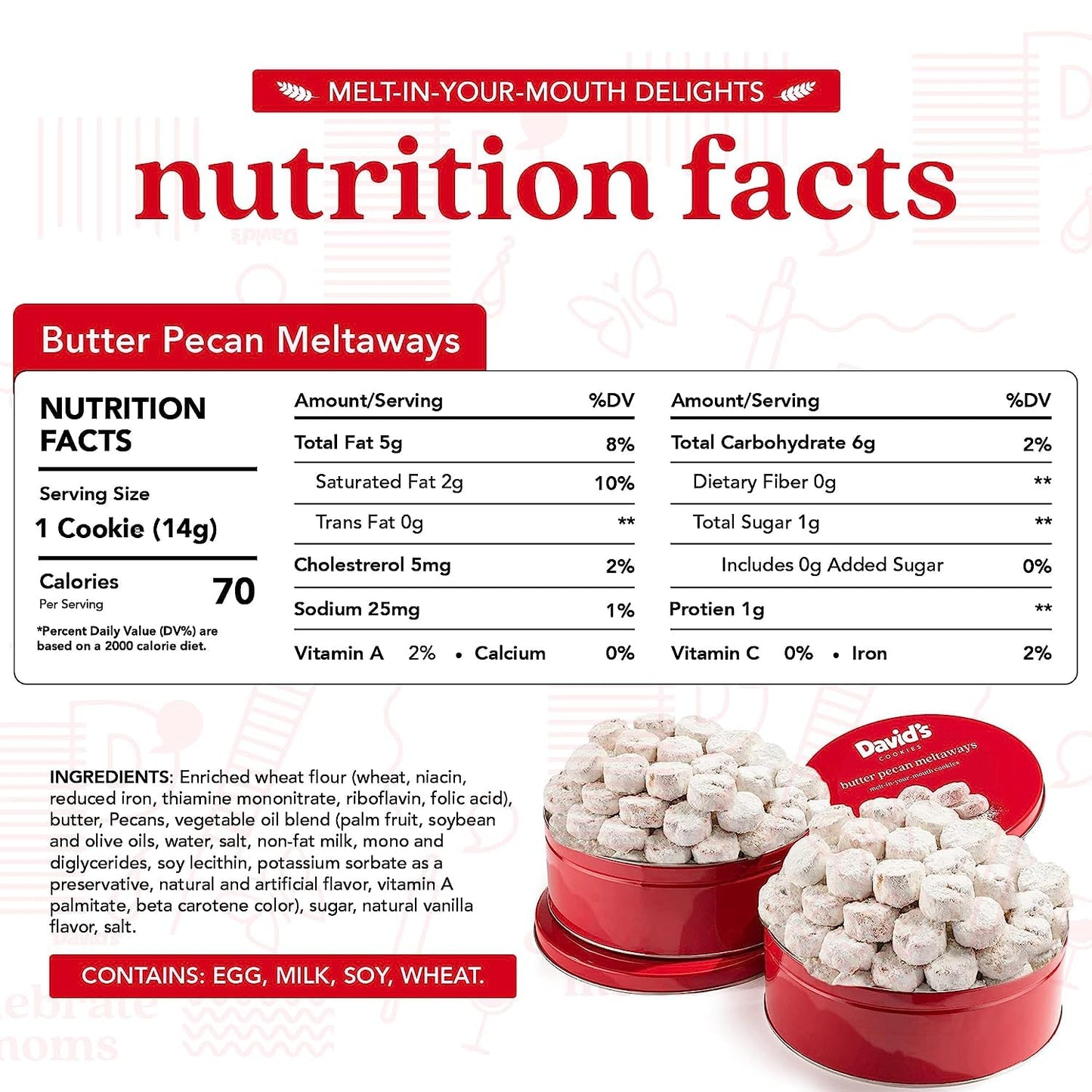 Davids Cookies Gourmet Butter Pecan Meltaway Round Tin with Crunchy Pecans and Powdered Sugar, All-Natural Ingredients, Kosher,