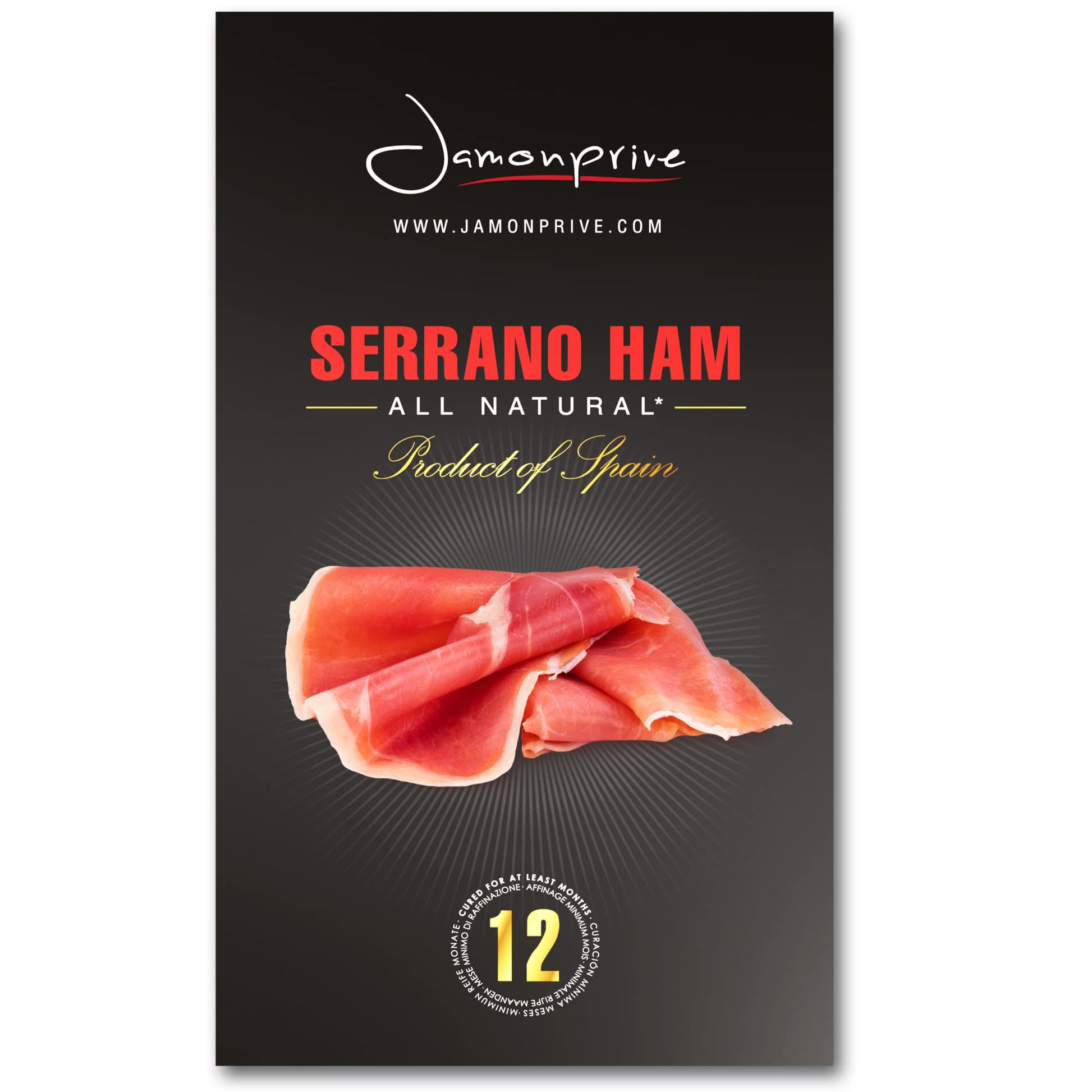Spanish Serrano Ham Sliced Dry-Cured (3oz) - Spanish Jamon Serrano with NO Nitrates or Nitrites all Natural, GMO Free and Gluten
