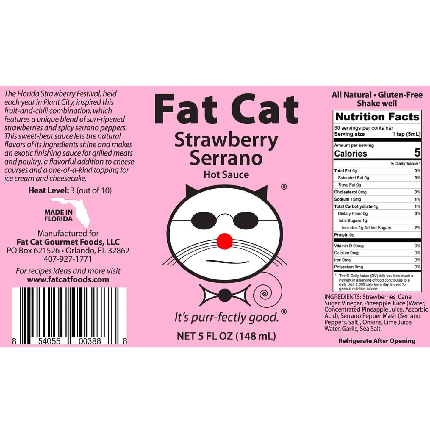 Strawberry Serrano Natural Hot Sauce by Fat Cat Gourmet | Sweet & Spicy Flavor | For Chicken, Seafood, Pork, Ham & More | Mild H