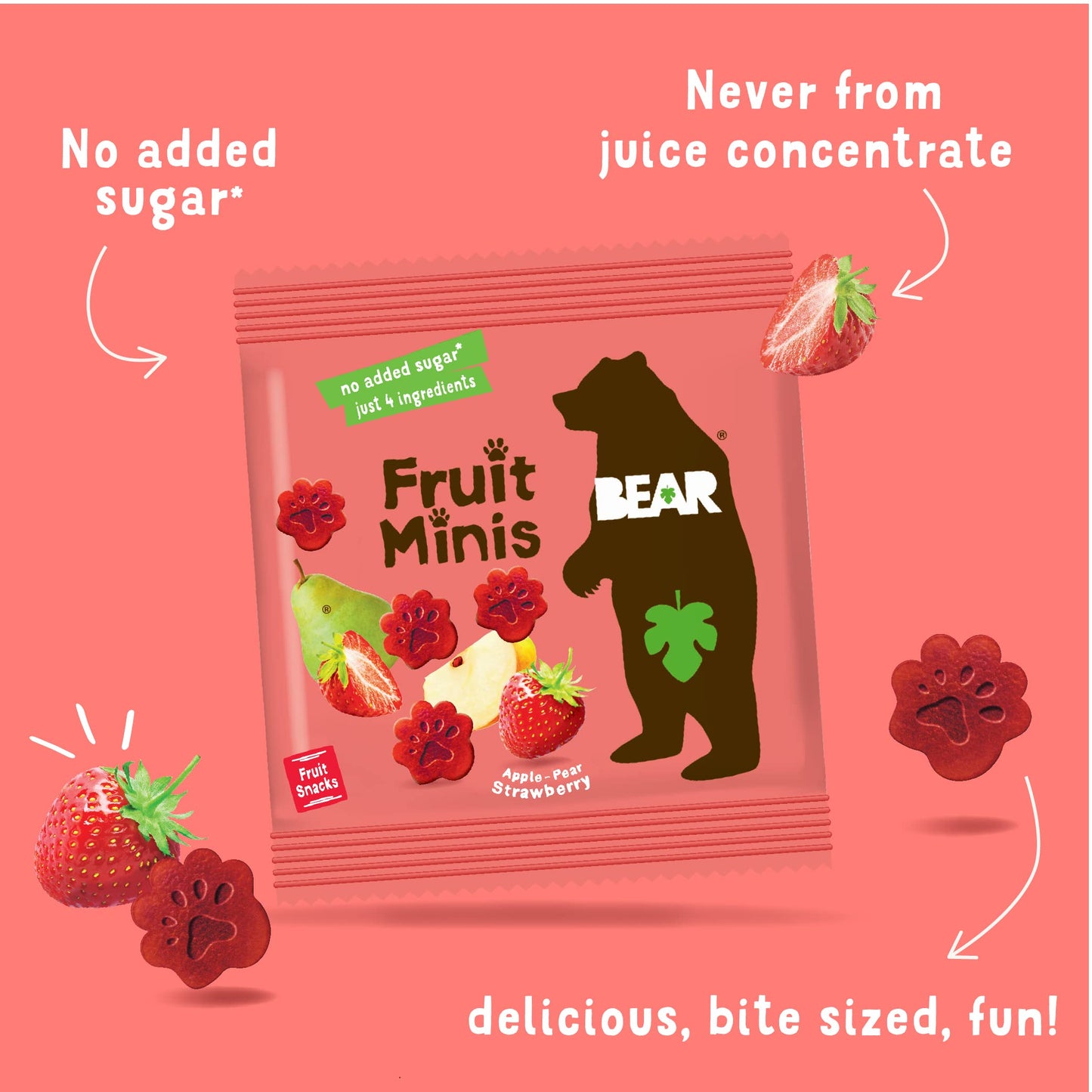 Bear Real Fruit Snack Minis, Strawberry - (Pack Of 18) - Bite Sized Snacks For Kids, Gluten Free, Vegan, Non Gmo, 0.7 Oz