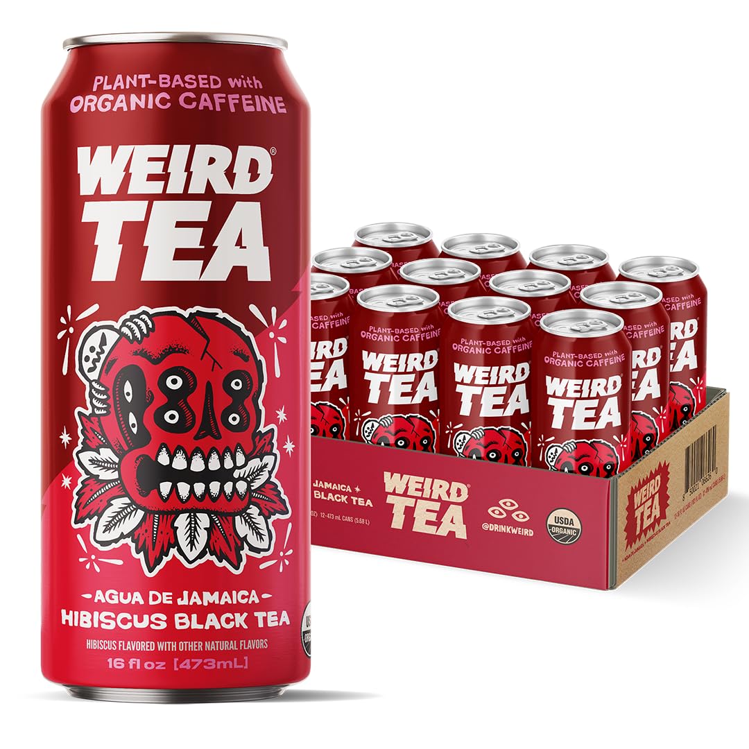 WEIRD Organic Hibiscus Black Tea, 16oz Cans, 160mg Caffeine, Pack of 12 - Bold & Refreshing Energy Drink Alternative