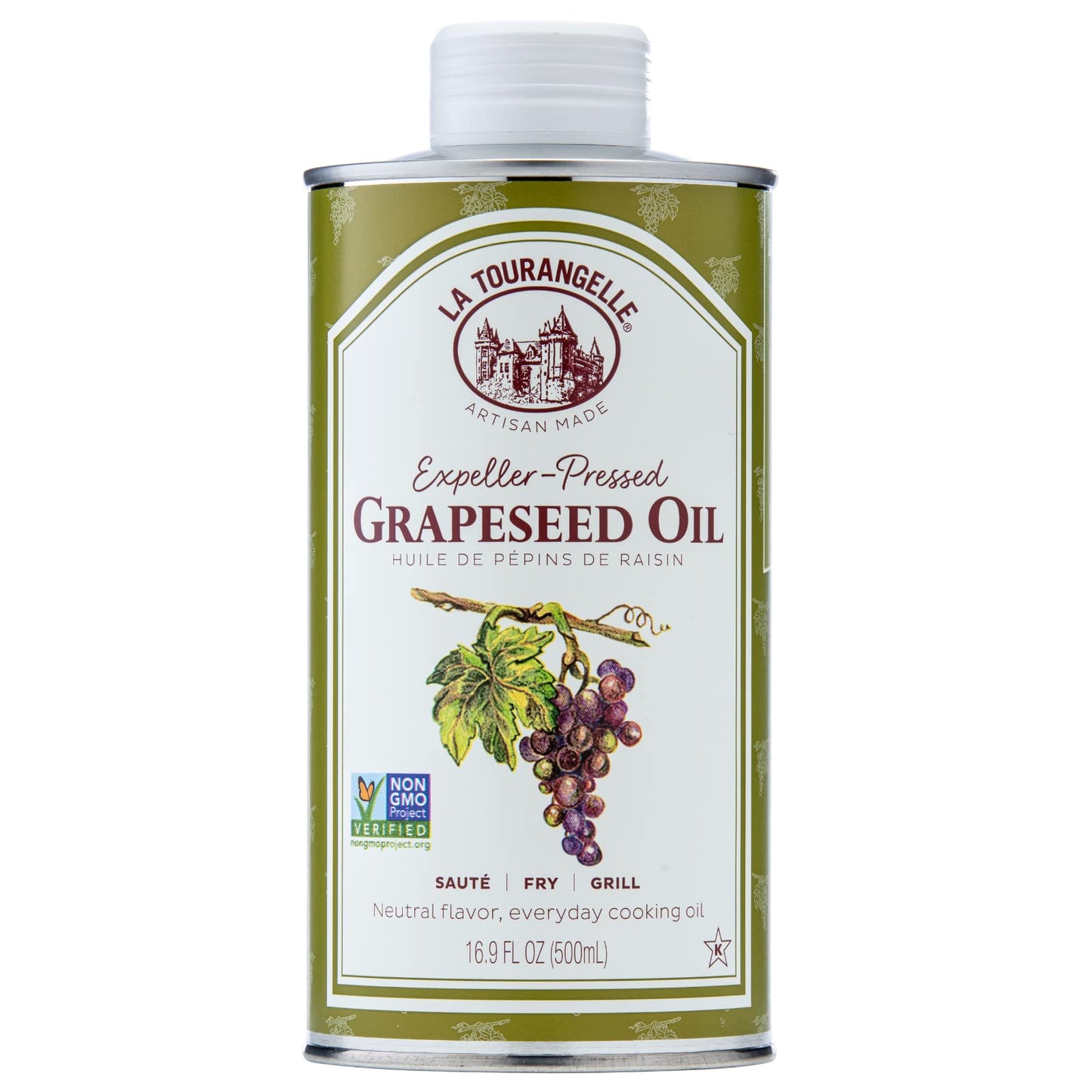 La Tourangelle, Expeller-Pressed Grapeseed Oil, High Heat Neutral Cooking Oil, Cast Iron Seasoning, Also Great For Skin, Hair, And Diy Beauty Recipes, 16.9 Fl Oz