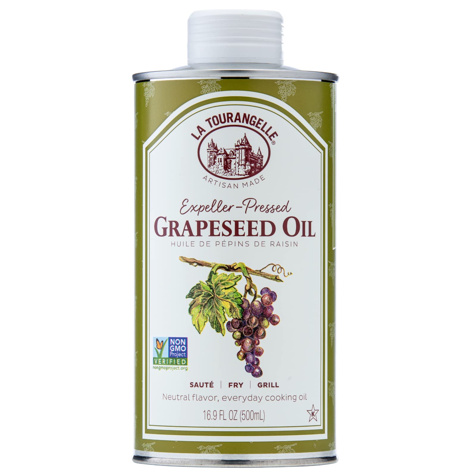 La Tourangelle, Expeller-Pressed Grapeseed Oil, High Heat Neutral Cooking Oil, Cast Iron Seasoning, Also Great For Skin, Hair, And Diy Beauty Recipes, 16.9 Fl Oz