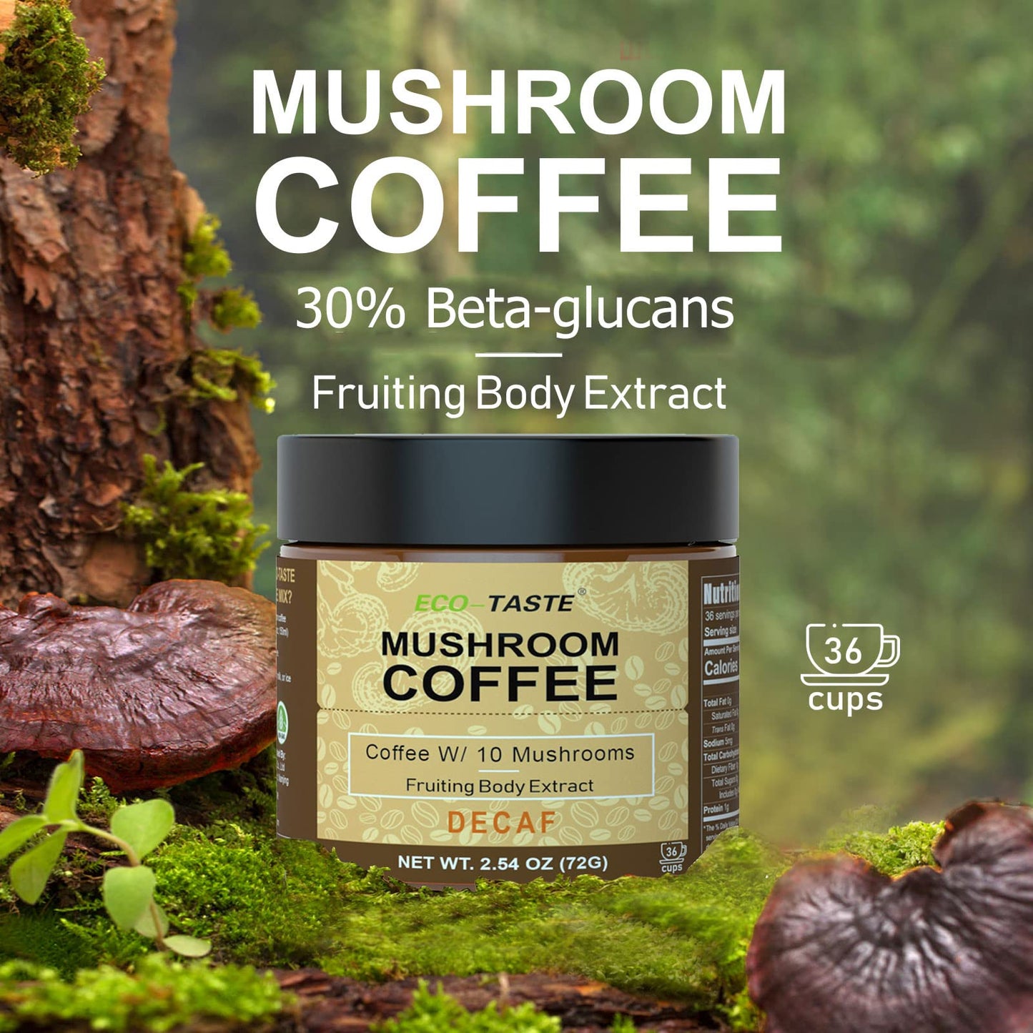 Eco-Taste Decaf Mushroom Coffee - 36 Servings, Instant Coffee Mix Includes 10 Mushrooms Extract Powder, 72 Grams