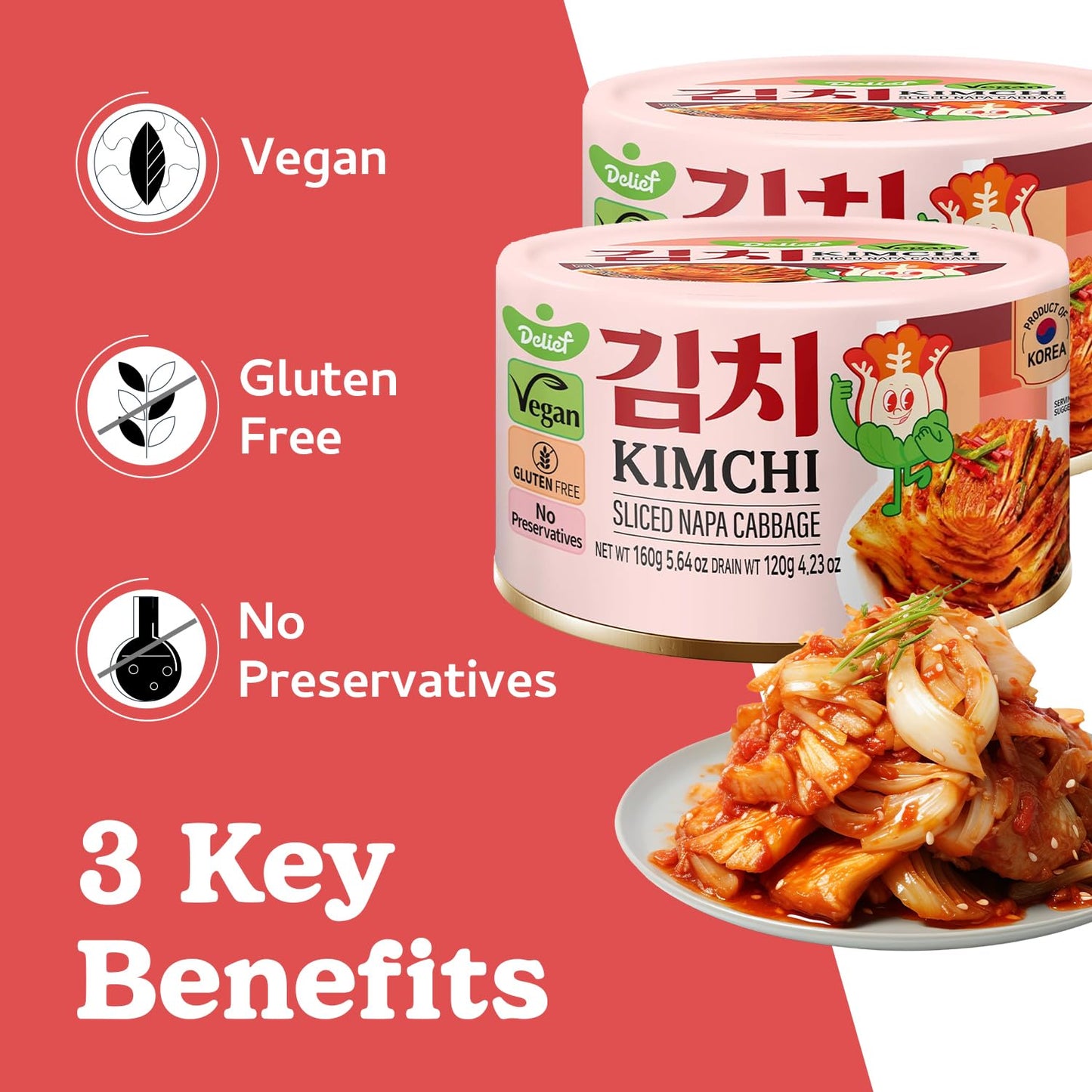 Delief Sliced Spicy Kimchi - Authentic Korean Napa Cabbage, Vegan, Gluten-Free, Shelf-Stable Canned, No Preservatives, 5.64 Oz/1