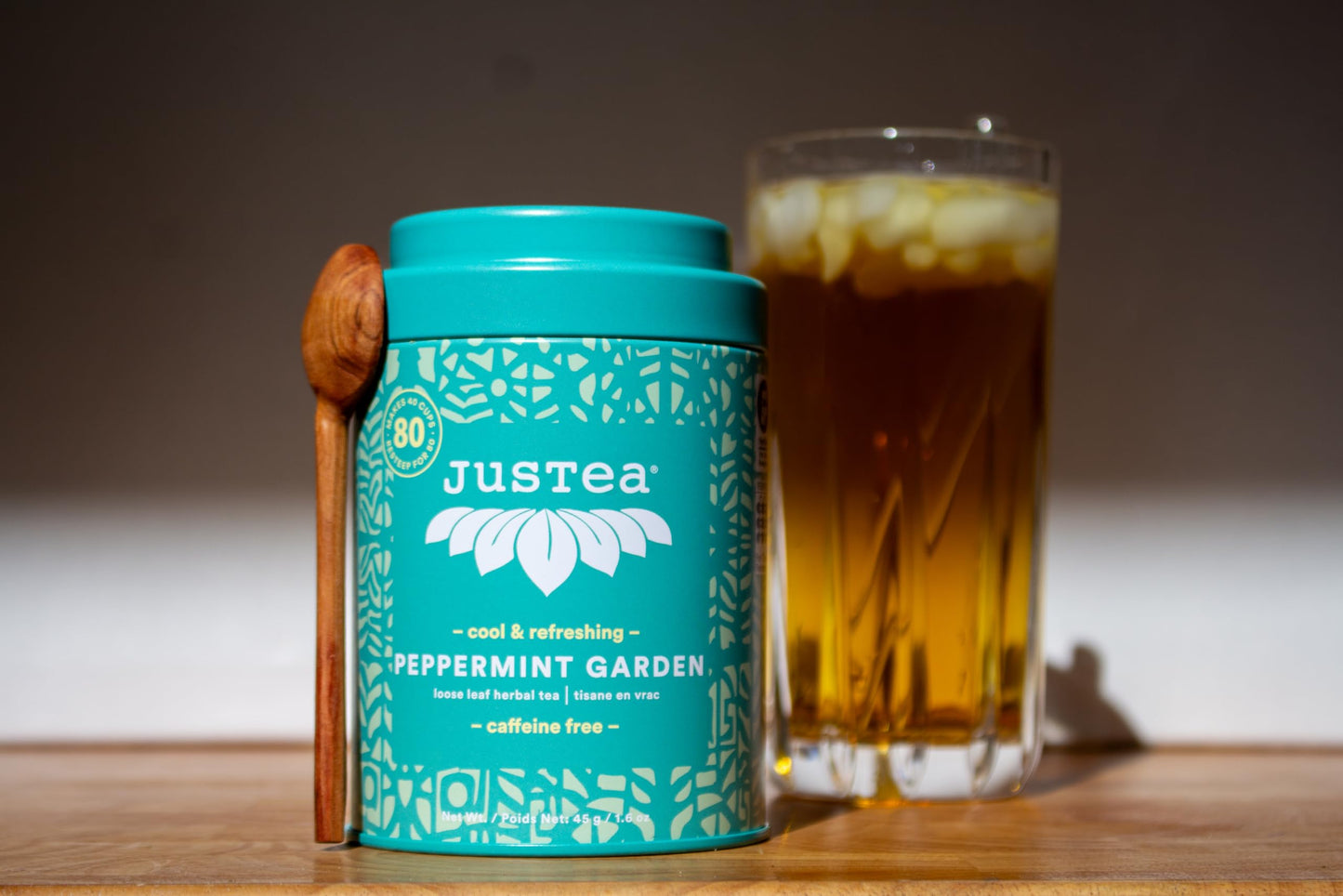 JusTea Loose Leaf Herbal Tea - Peppermint Garden, Caffeine Free, 1.6oz Tin with Hand Carved Spoon, Fair Trade, Non-GMO