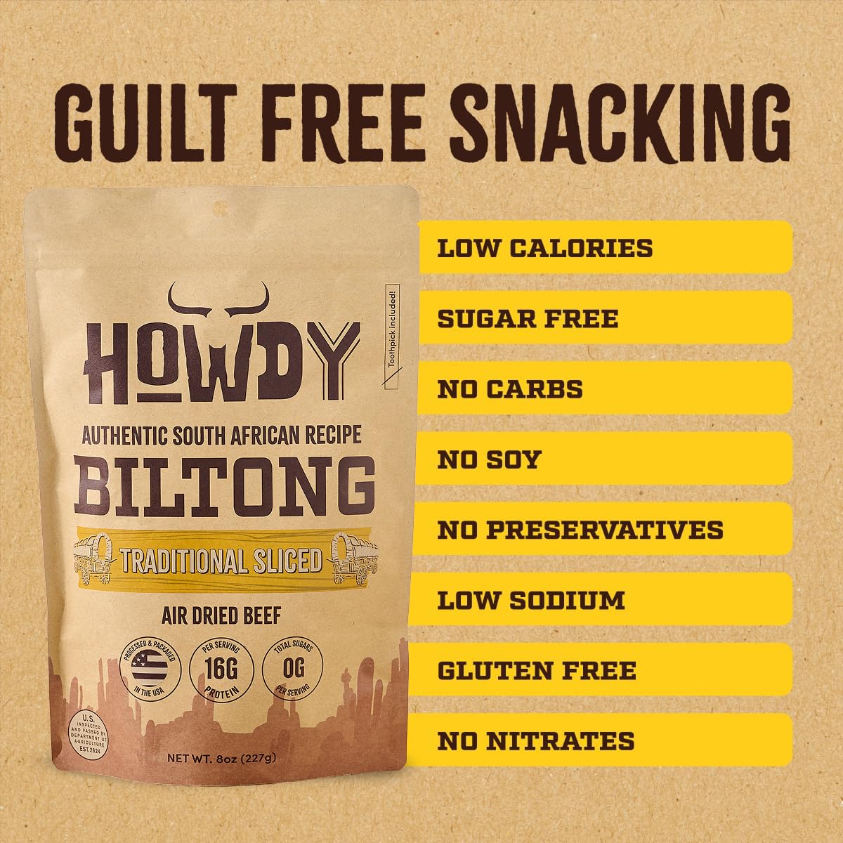Howdysnax Handcrafted Authentic Small Batch Beef Biltong Traditional Slices 8oz. Sugar Free Paleo Keto Friendly High Protein Jer