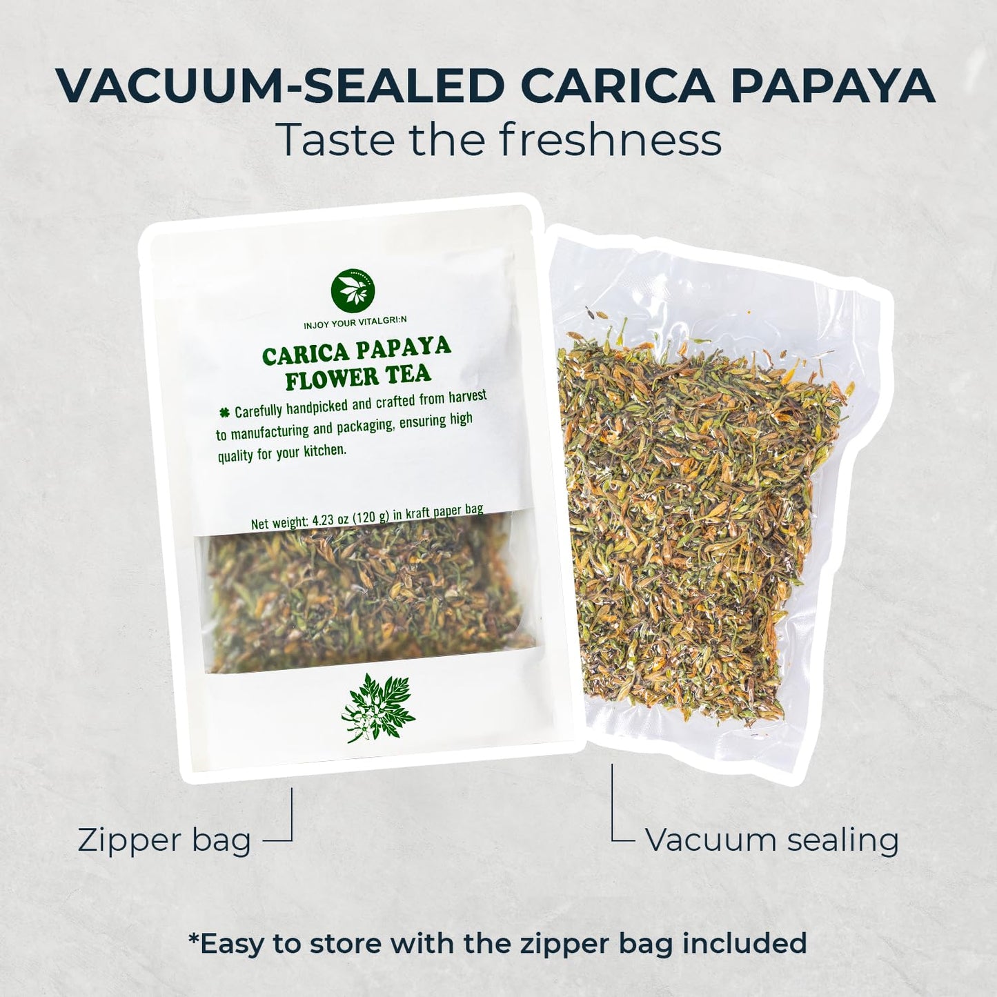 INJOY YOUR VITALGRI:N Carica Papaya Flowers Herbal Tea, Freeze Dried, Vacuum Sealed, 4.23 Oz, No Additives, Stomach Calm & Relax