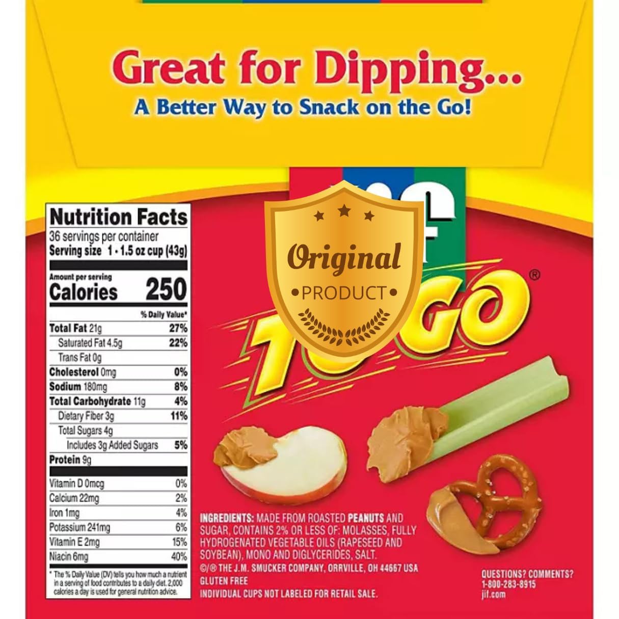 Jif To Go Creamy Peanut Butter 36 Cups - Single Serve Packets - Travel Size Snack - Jif Peanut Chocolate Cups, Bulk Creamy Organ