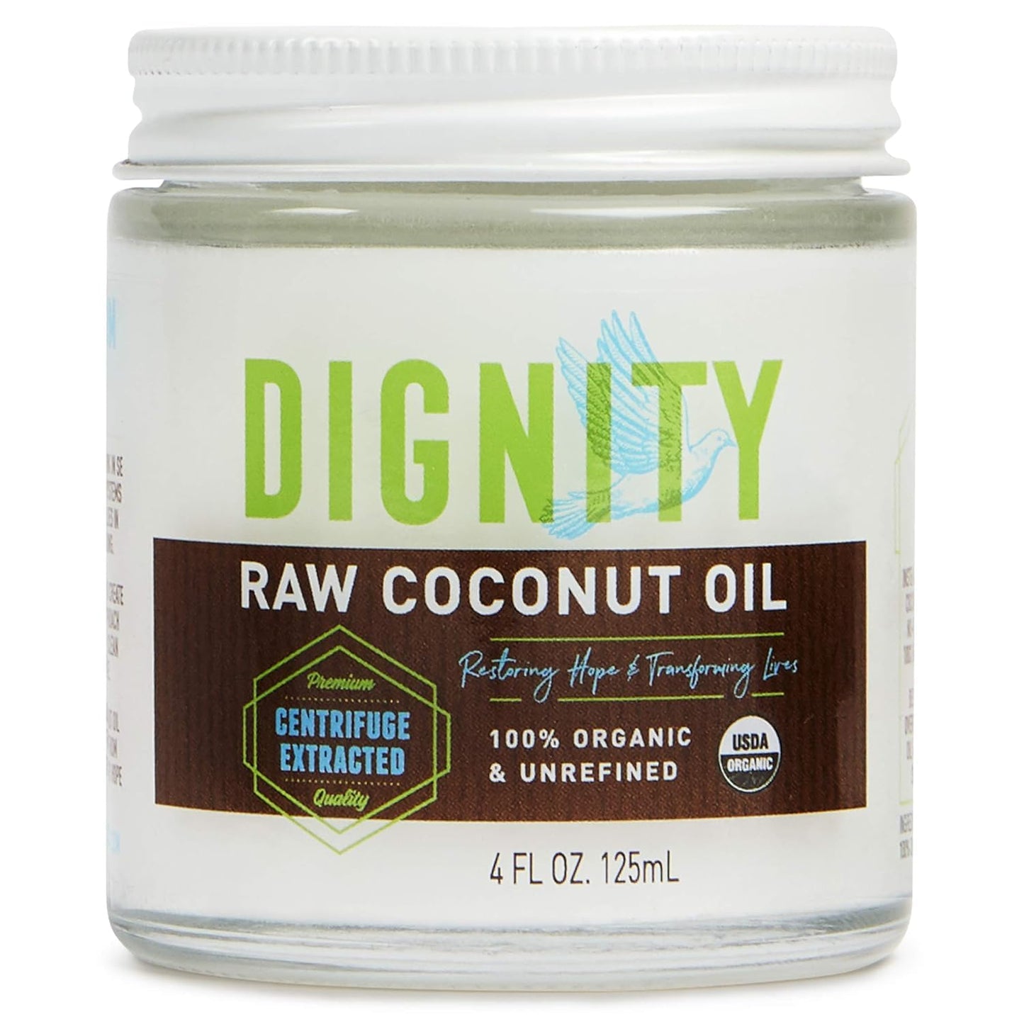 Dignity Coconuts Raw Coconut Oil - 100 Organic Unrefined Coconut Oil - 4 Fl Oz Glass Jar - Centrifuge Extracted
