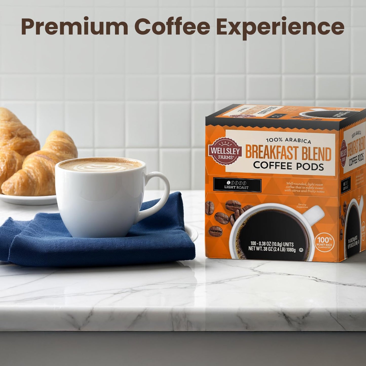 Wellsley Farms Breakfast Blend Coffee Pods - Light Roast - Crafted with 100% Arabica Coffee - Subtly Sweet with Citrus & Fruity Notes - Compatible w/ Single Serve malt-inspired - 38oz  Coffee Pods 100 Count