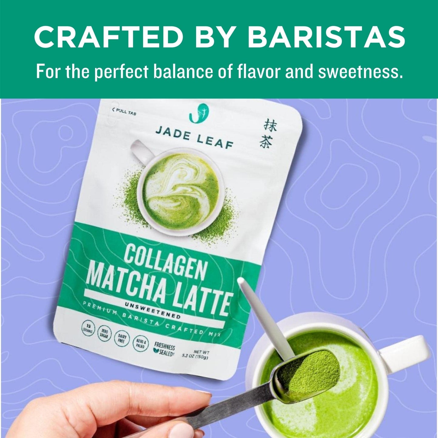 Jade Leaf Matcha Caf   Style Sugar Free Matcha Latte Green Tea Powder With Grass Fed Collagen, Monkfruit Sweetened, Premium Bari