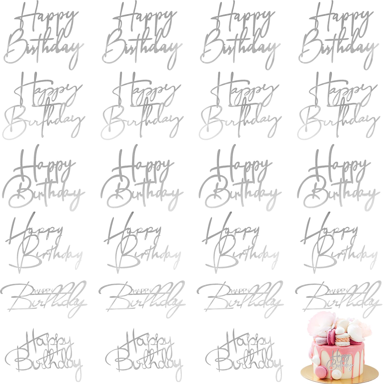 Barydat 24 Pieces Silver Happy Birthday Cake Toppers, Mirror Acrylic, 3.62 x 2.99 x 0.05 inches, 6 Styles, Model SIJ-Bary