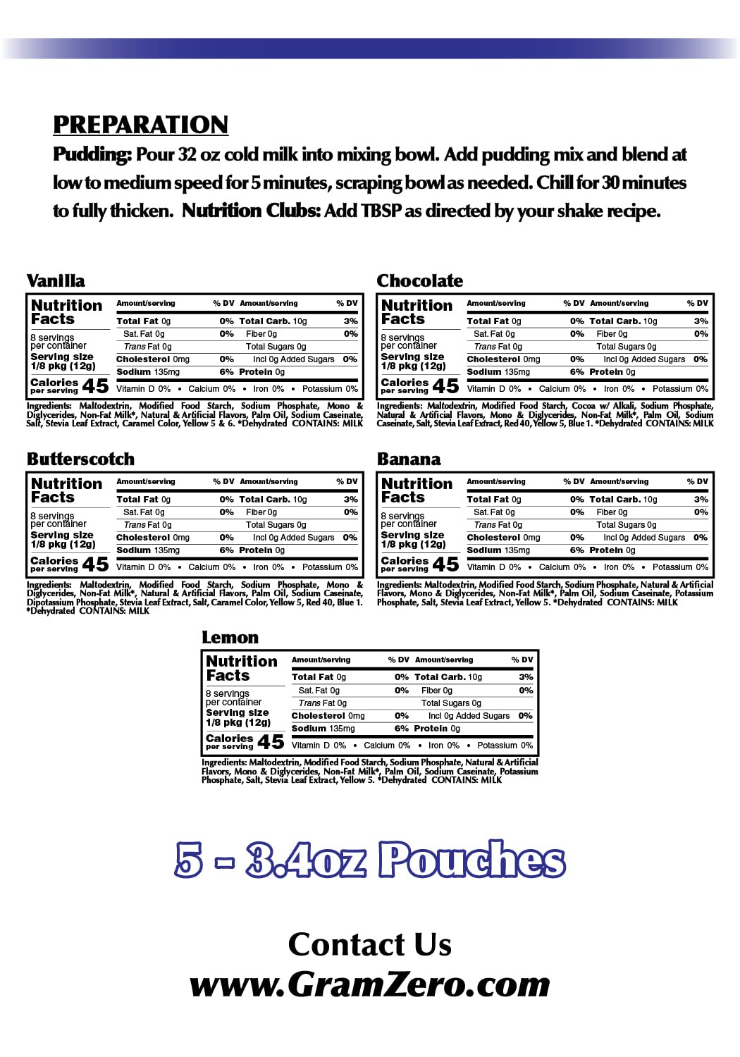 Gramzero Variety (Vanilla, Chocolate, Butterscotch, Banana, Lemon) Sugar Free Pudding Mix 5-Pack, Great For Nutrition Club Meal