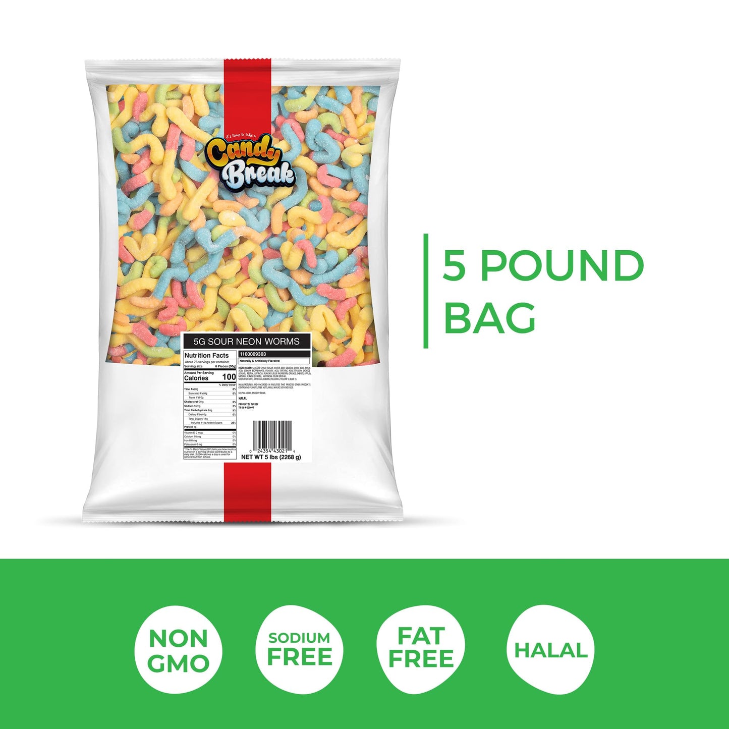 Candy Break Sour Neon Worms Gummy Candy 5 Lbs Share Size Bag Pack Of 1 - Sour & Chewy Gummies Bulk Candy Pack - Snacks For Kids