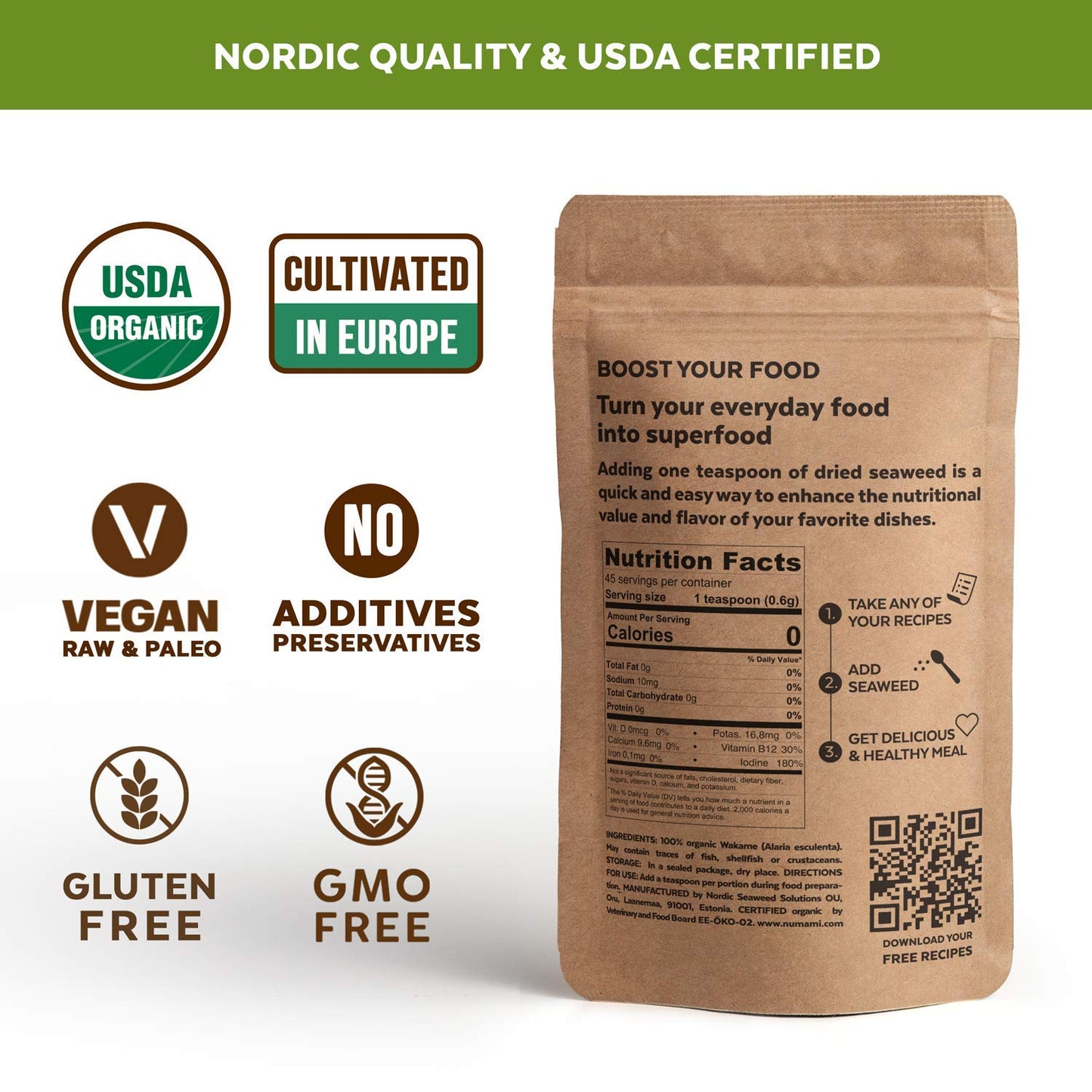 Numami Organic Wakame Flakes - Freeze-Dried Sea , Soft Texture, Mild Taste - 1oz Pack