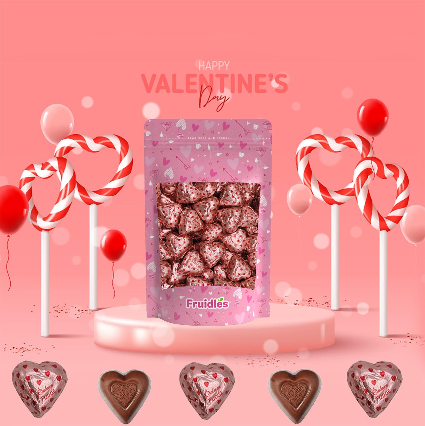 Fruidles Valentine s Milk Fudge Chocolate Hearts, Milk Creamy Chocolaty Hearts, Holiday Treats, Individually Wrapped Foils, Kos