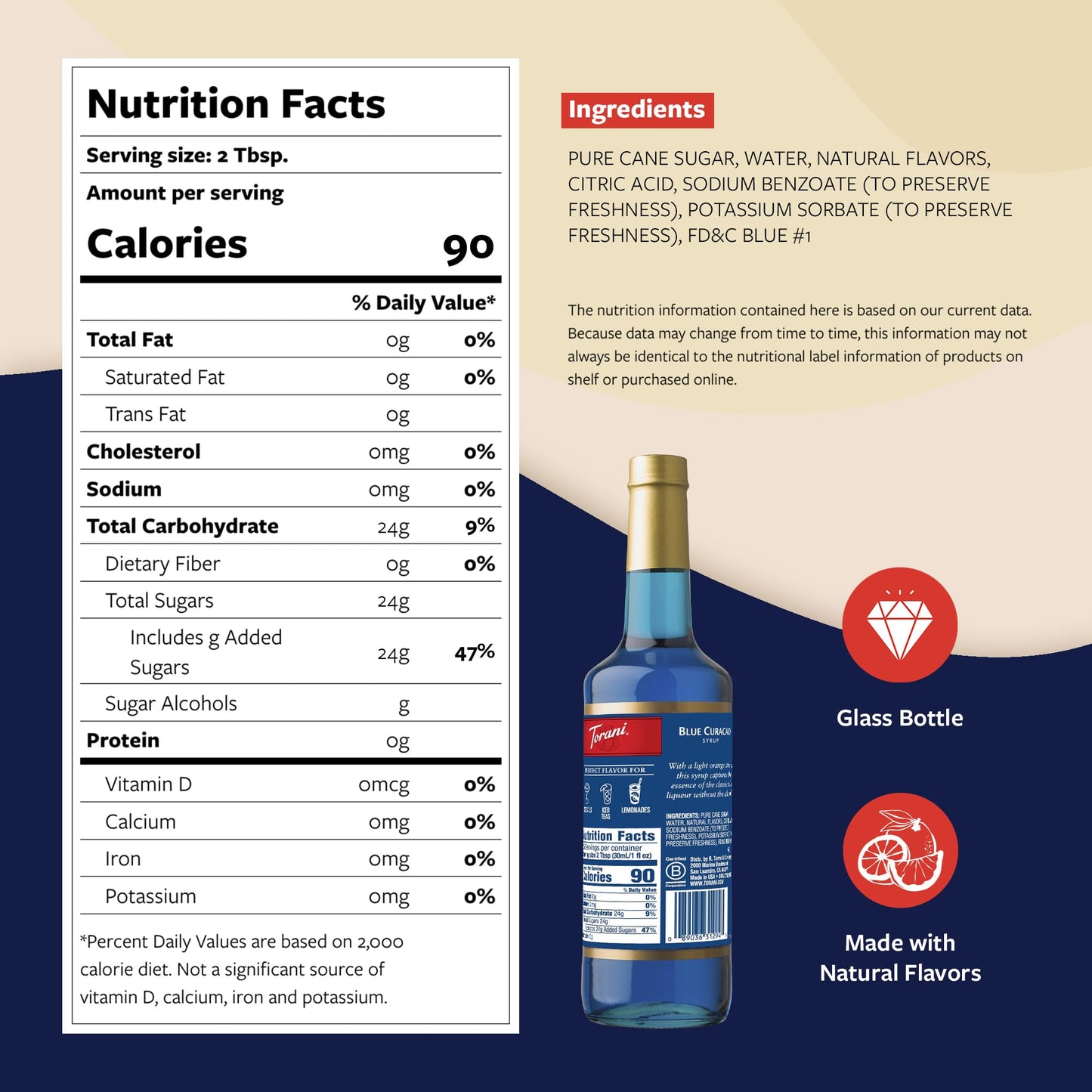 Torani Blue Curacao Syrup - Non-  ic Drink Flavoring, 25.4 Fl Oz, Glass Bottle with Pump Included