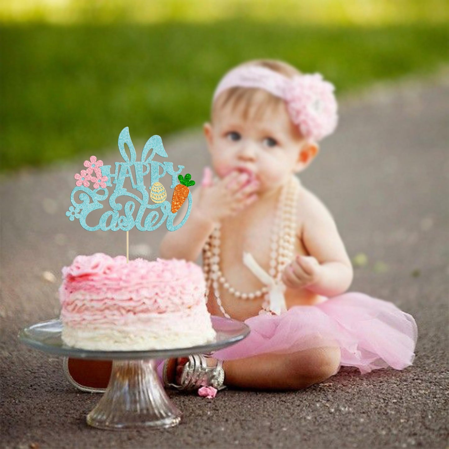 Gyufise 1 Pack Happy Easter Cake Topper Glitter Bunny Ear Cake Pick Decorations For Happy Easter Spring Themed Baby Shower Kids