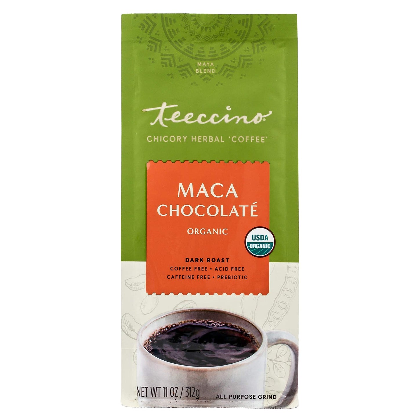 Teeccino Maca Chocolaté Ground Herbal Coffee Alternative, Dark Roast, Caffeine Free, 11 Ounce (Pack of 6)