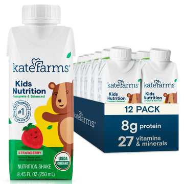 Kate Farms Organic Kids Nutrition Strawberry Shake, 8G Protein, 27 Vitamins And Minerals, Meal Replacement, Gluten Free, Non-Gmo, 8.45 Oz (12 Pack)