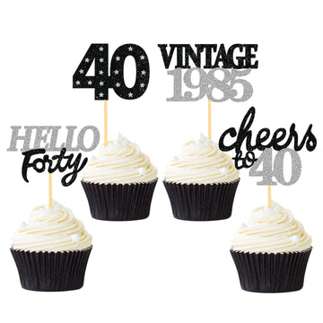 24 Pcs Glitter 40th Birthday Cupcake Toppers for Celebrating Forty Years Old Birthday Party Decorations (Black&Silver)