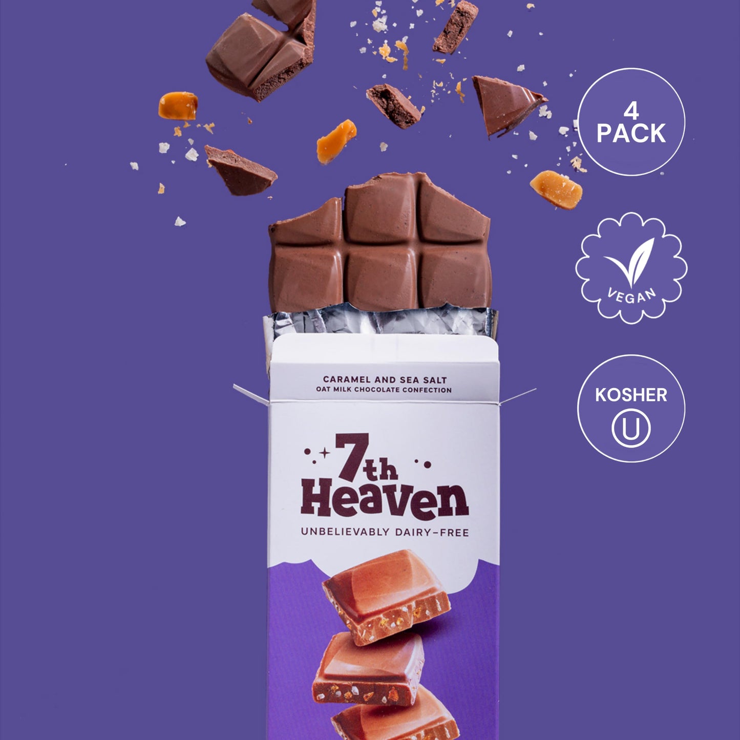 7TH HEAVEN Vegan Oat Milk Chocolate Bars with Caramel & Sea Salt, 3.5 oz, Dairy Free, Fair Trade, Kosher Parve, 4 Packs
