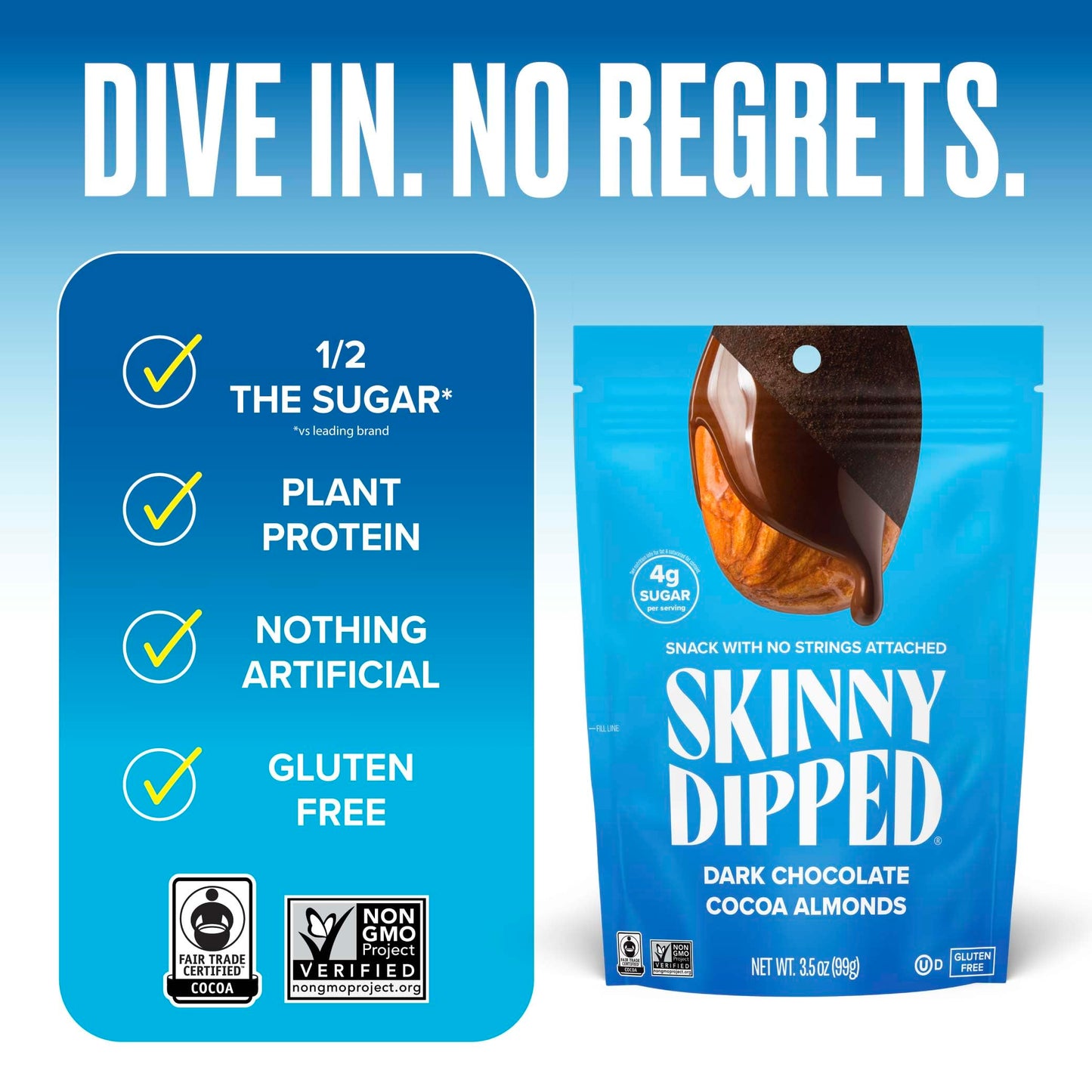 Skinnydipped Dark Chocolate Cocoa Almonds, Healthy Snack, Plant Protein, Gluten Free, 3.5 Oz Resealable Bags (Pack Of 5)