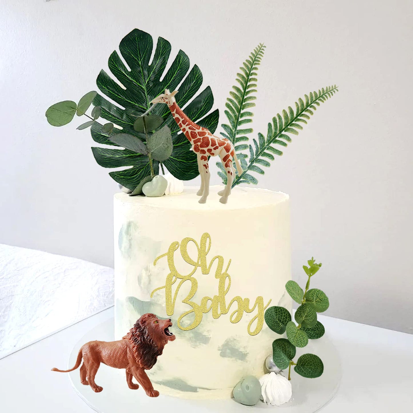 Realistic Safari Jungle Animals Cake Toppers With Plam Leaf Eucalyptus Leaves Cake Decorations For Wild Themed Birthday Baby Sho