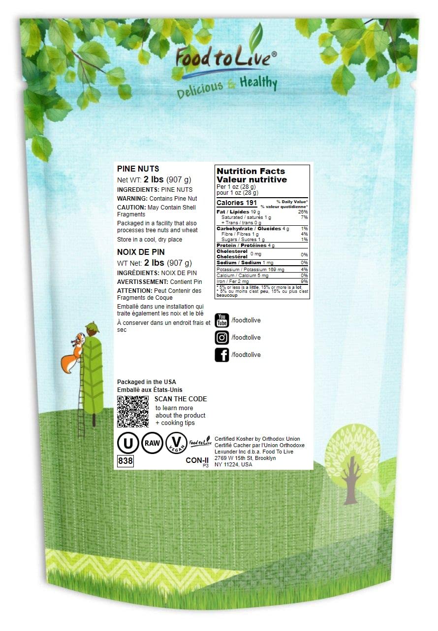 Food To Live Pine Nuts, 2 Pounds Whole Raw Pignolias, Unsalted, Vegan, Kosher, Bulk. Rich In Vitamin E, Protein. Healthy Snack. Great For Pesto, Salads, Homemade Desserts.