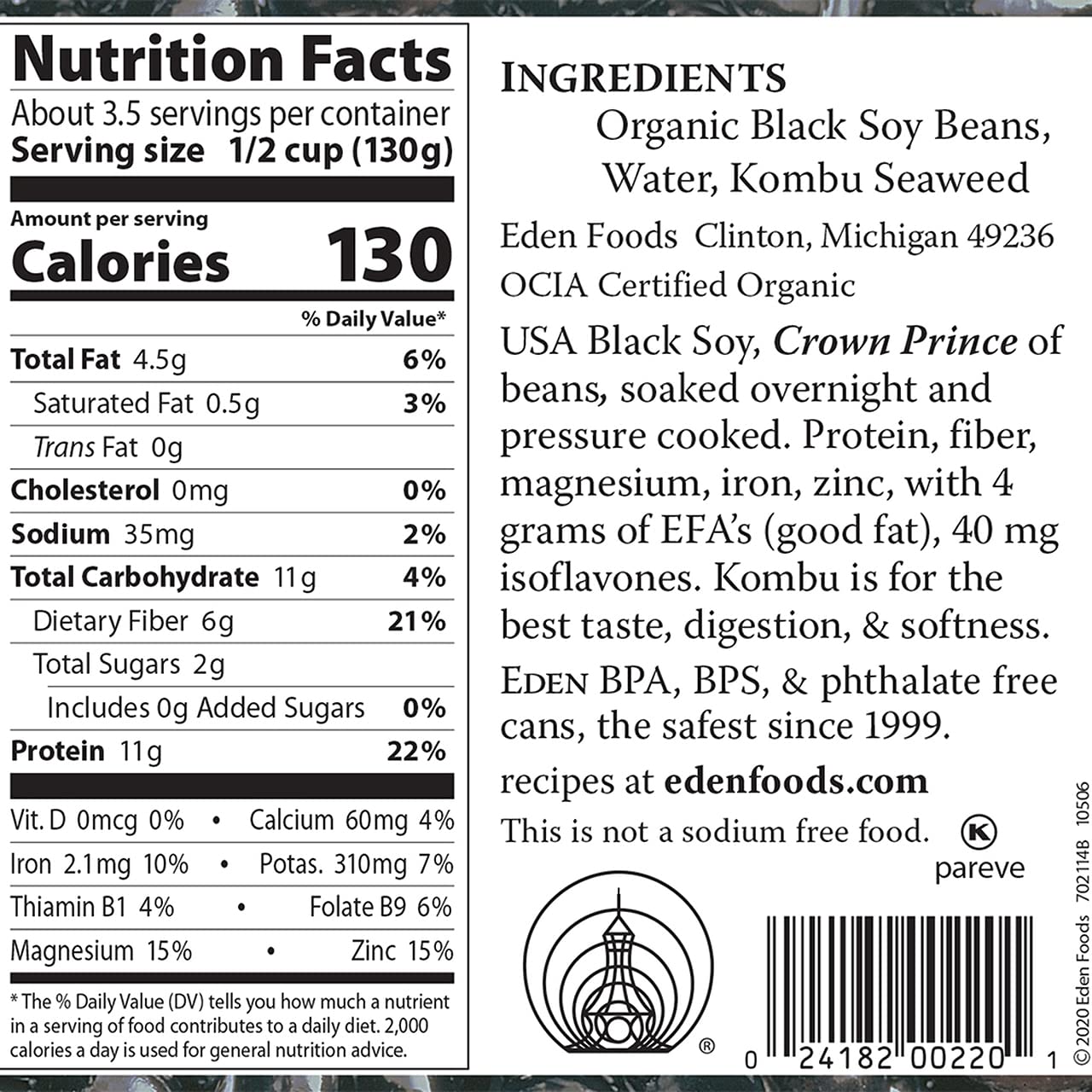 Eden Organic Black Soybeans, 15 Oz Can, Complete Protein, No Salt, Non-Gmo, Gluten Free, Vegan, Kosher, U.S. Grown, Heat And Ser
