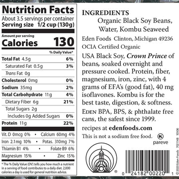 Eden Organic Black Soybeans, 15 Oz Can, Complete Protein, No Salt, Non-Gmo, Gluten Free, Vegan, Kosher, U.S. Grown, Heat And Ser