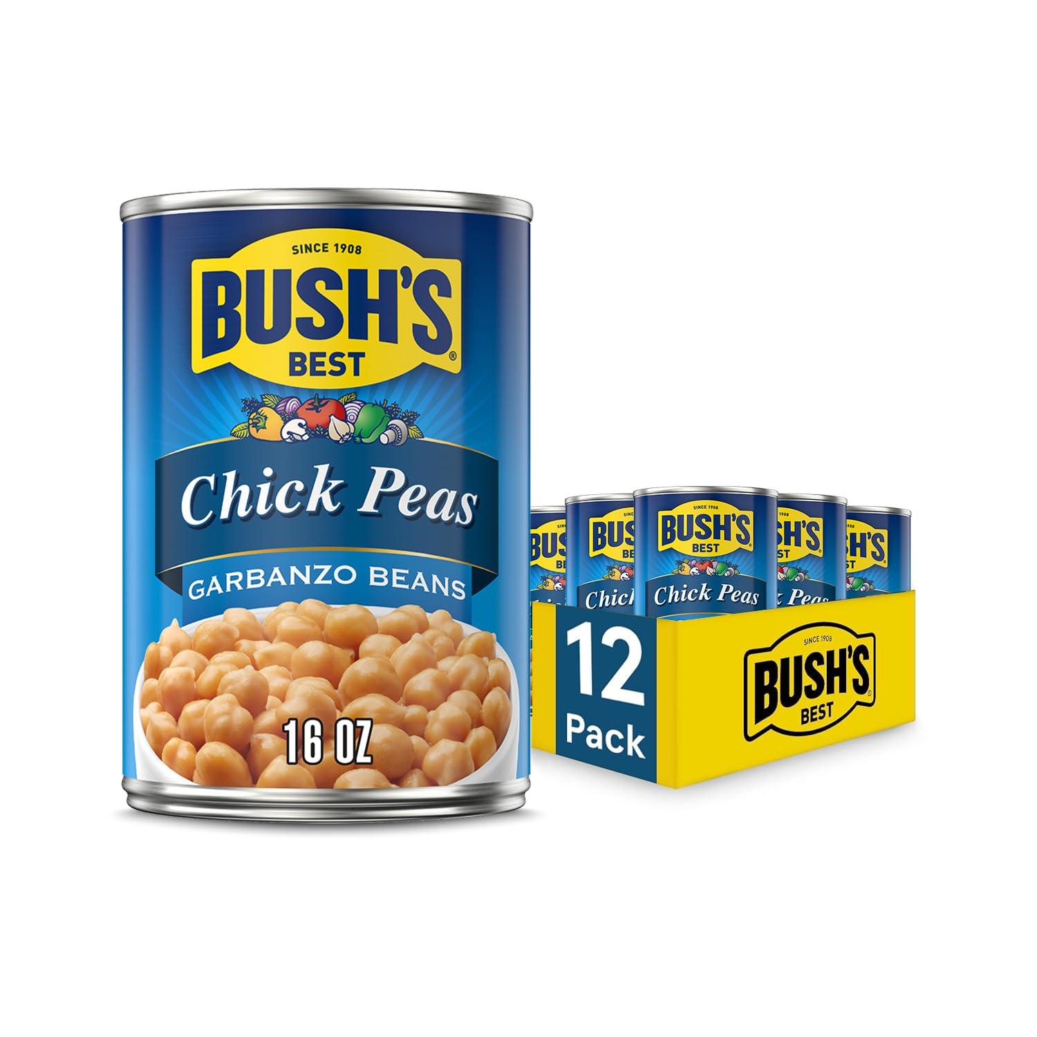 BUSH S BEST 16 oz Canned Garbanzo Beans (Chickpeas), Source of Plant Based Protein and Fiber, Vegetarian, Low Fat, Gluten Free,